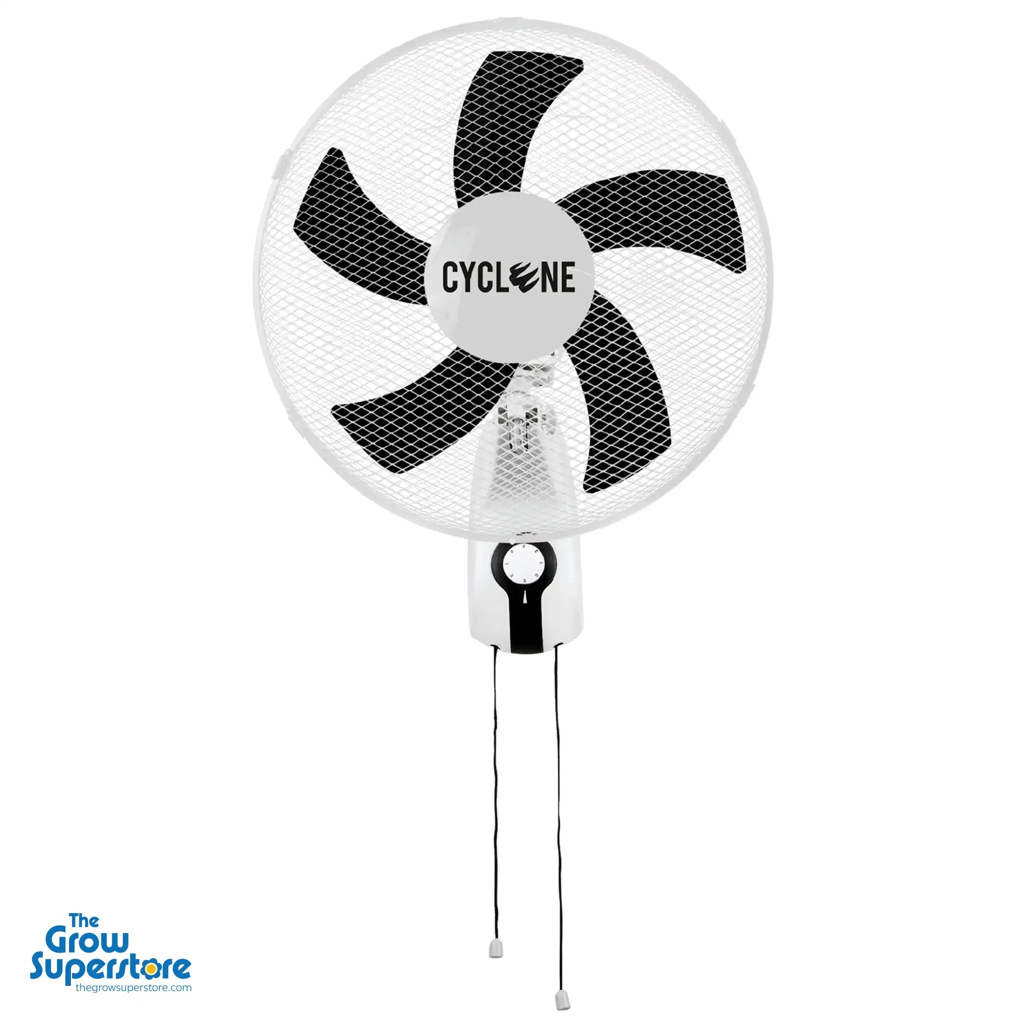 Cyclone 16-inch Wall Fan with black blades and white protective grille, ideal for grow rooms