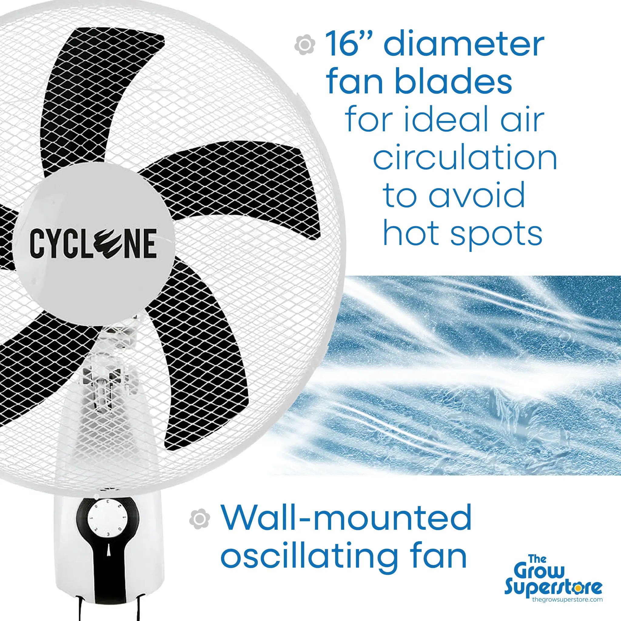 Cyclone fan with 16-inch blades and text highlighting airflow benefits and oscillating wall mount design