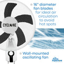 Cyclone fan with 16-inch blades and text highlighting airflow benefits and oscillating wall mount design
