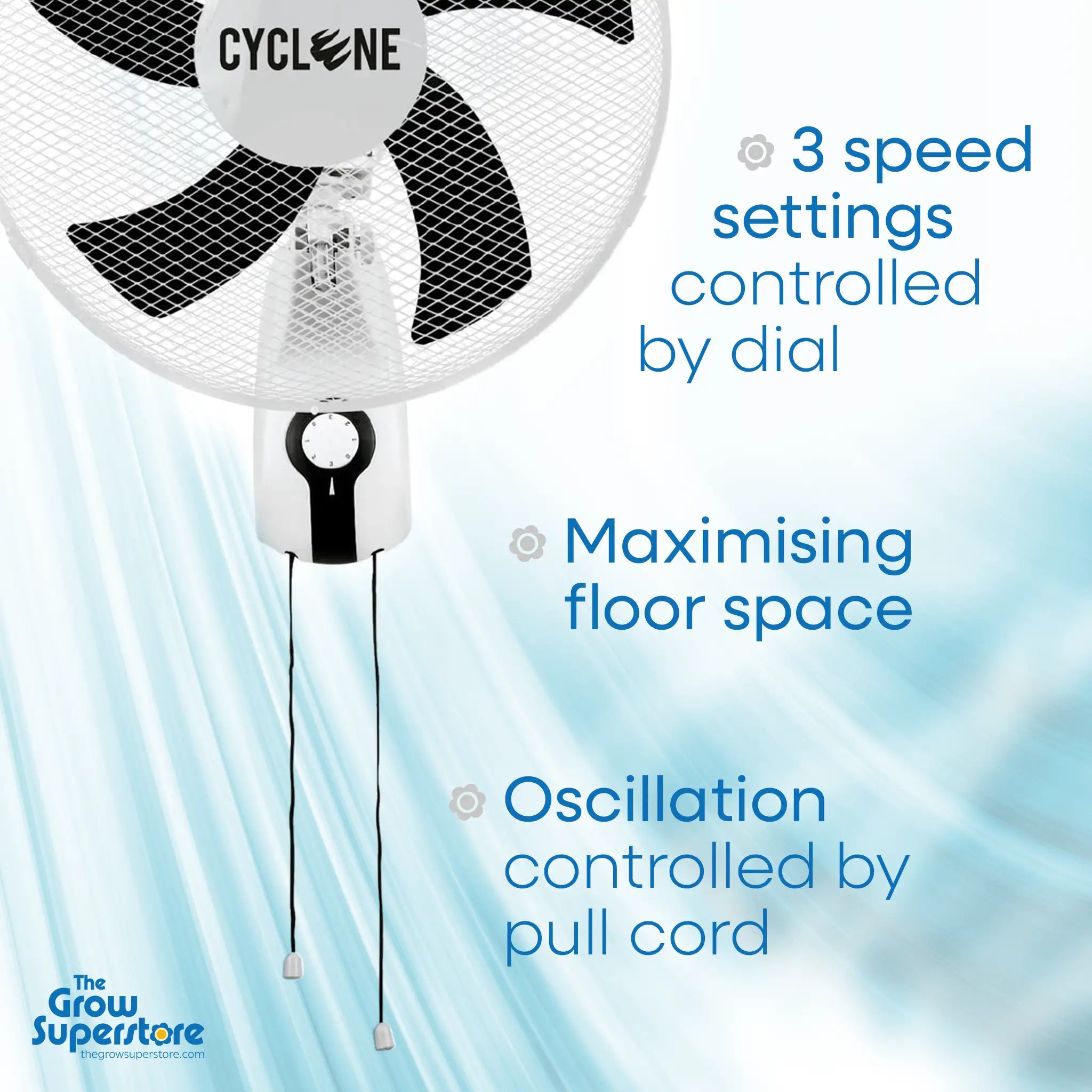 Cyclone wall fan close-up with 3 speed settings, oscillation cord, and floor space-saving design