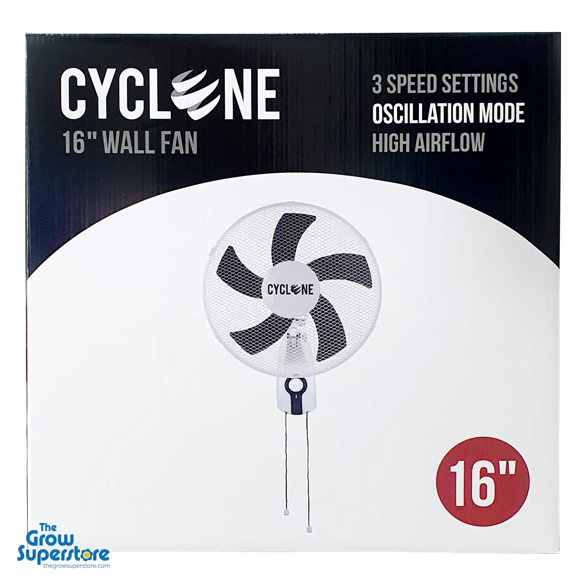 Cyclone 16-inch Wall Fan retail packaging featuring product photo and key features on front of box