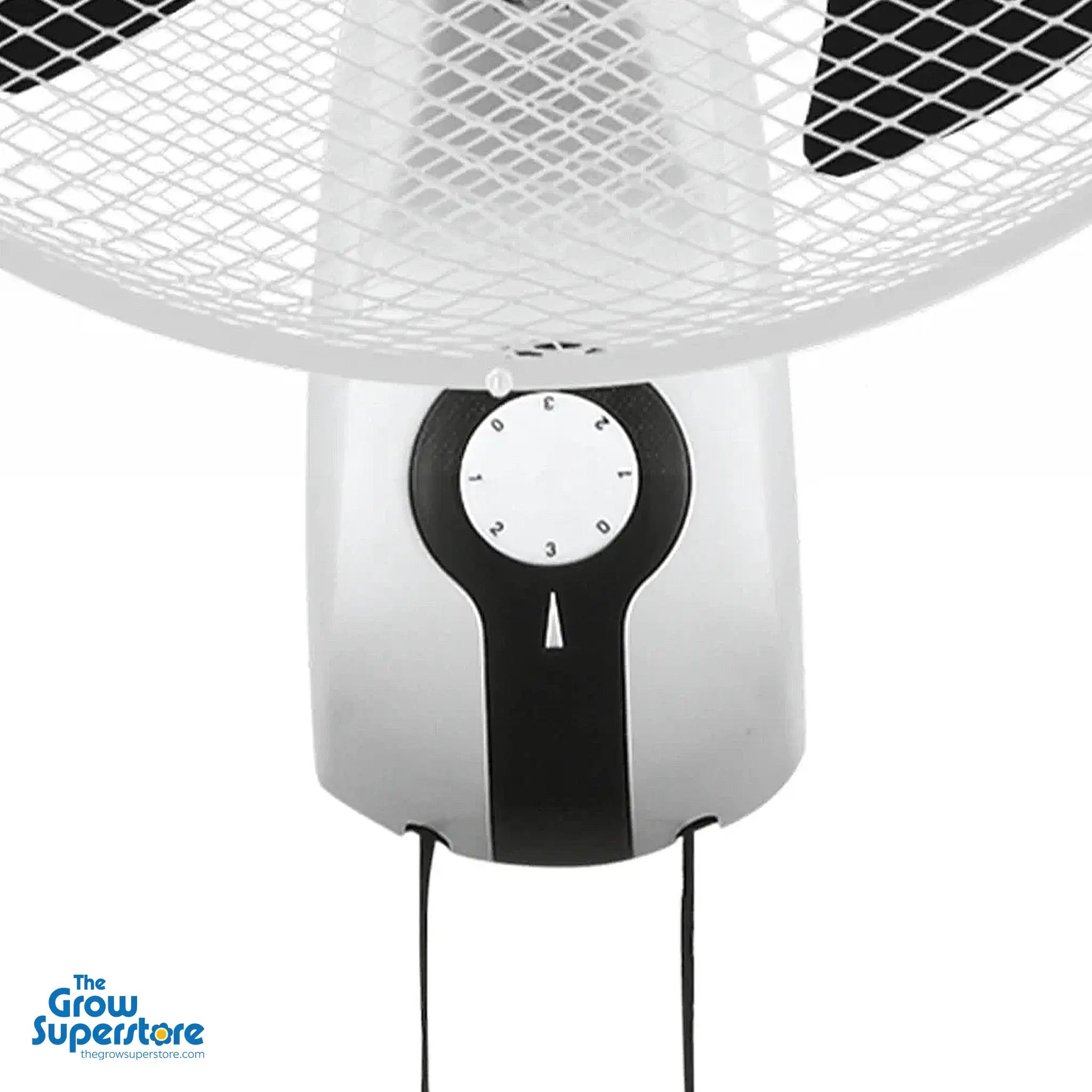 Close-up of Cyclone Wall Fan control dial and pull cords for speed and oscillation adjustment