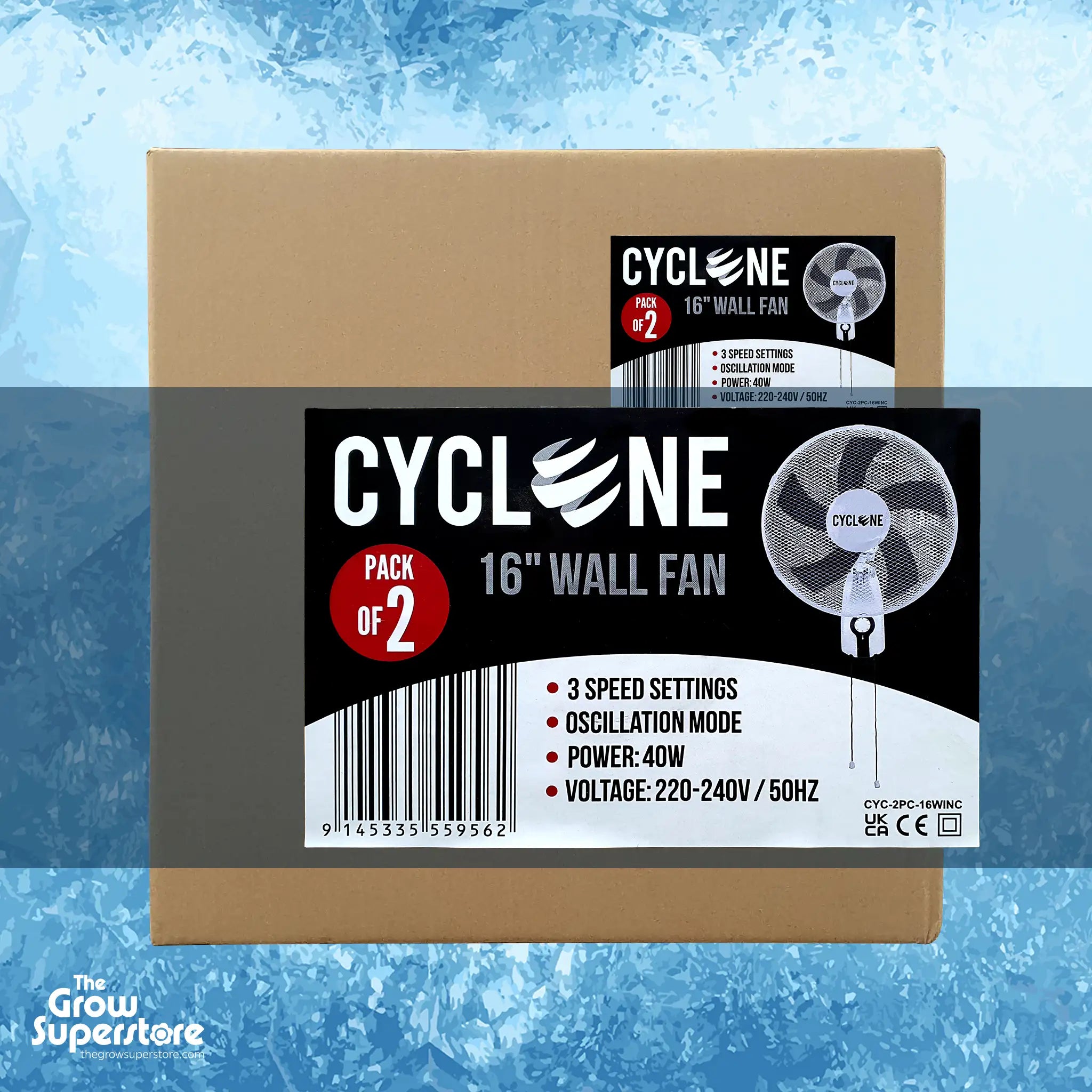 Cyclone 16-inch Wall Fan pack of two boxed units showing barcode and technical specs on label