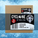 Cyclone 16-inch Wall Fan pack of two boxed units showing barcode and technical specs on label