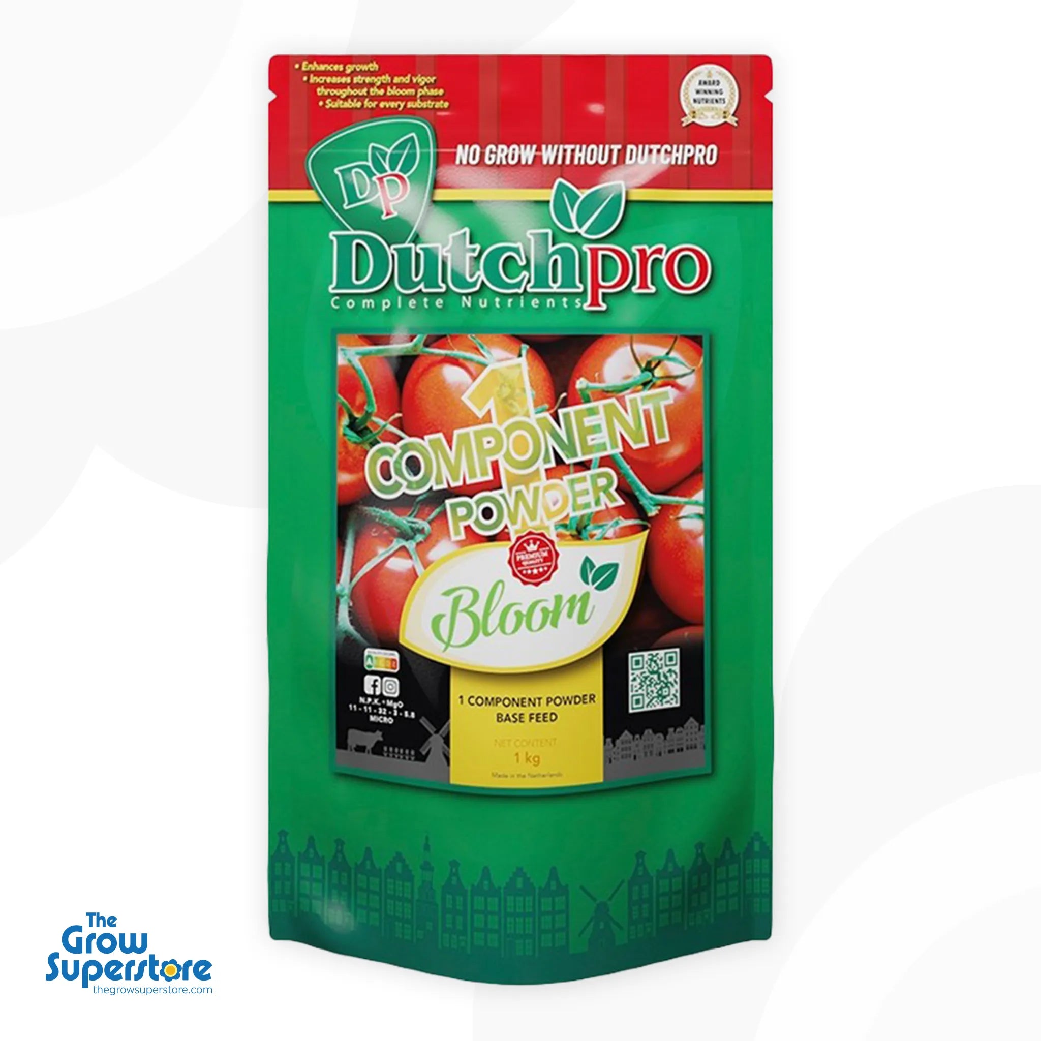 Dutch Pro 1 Component Powder Bloom 1kg pouch — flowering-stage powder base feed, front of pack
