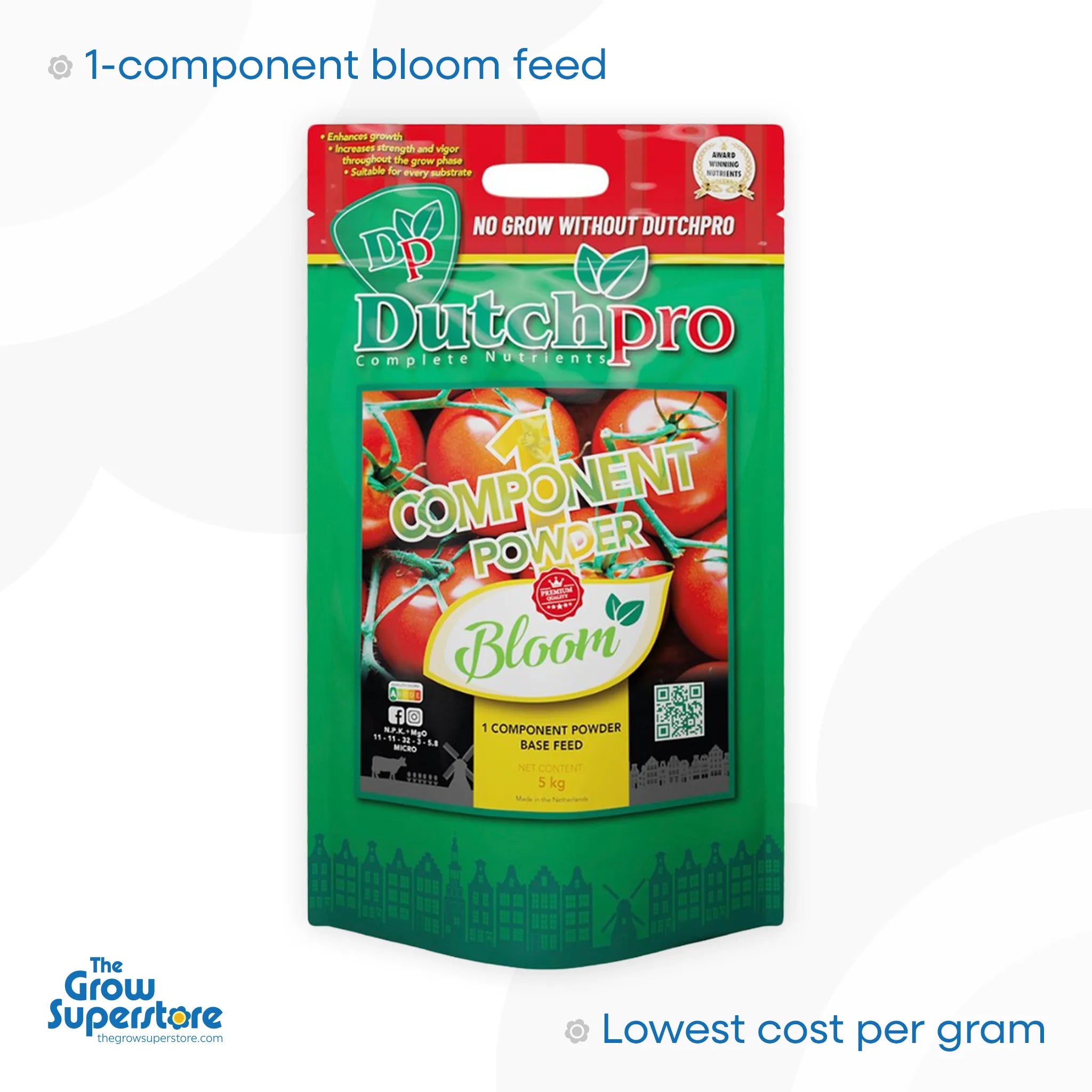 Dutch Pro 1 Component Powder Bloom 5kg bulk pouch — flowering-stage powder base feed, front of pack
