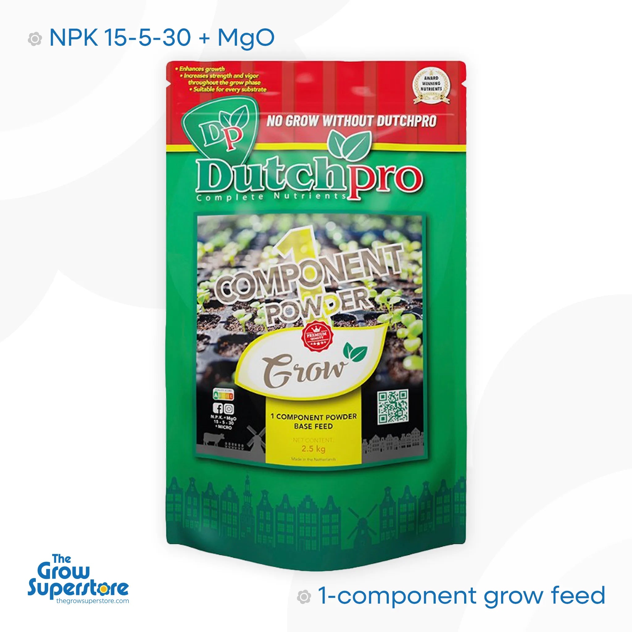 Dutch Pro 1 Component Powder Grow 2.5kg pouch — vegetative-phase powder base feed, front of pack