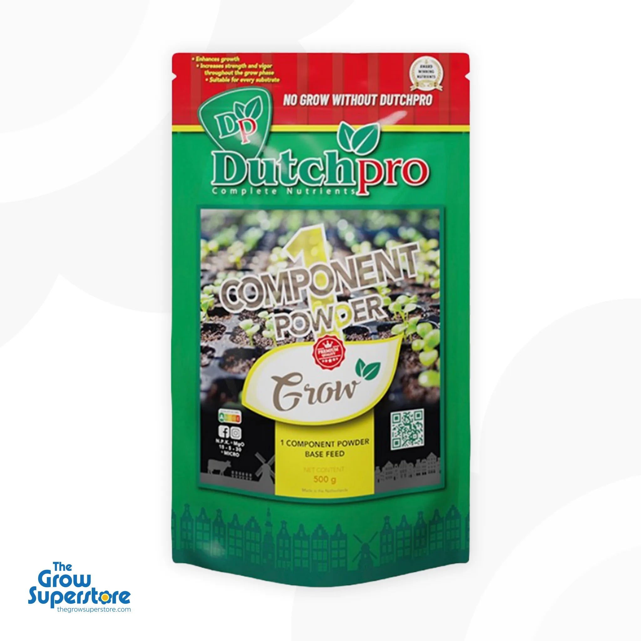 Dutch Pro 1 Component Powder Grow 500g pouch — vegetative-phase powder base feed, front of pack