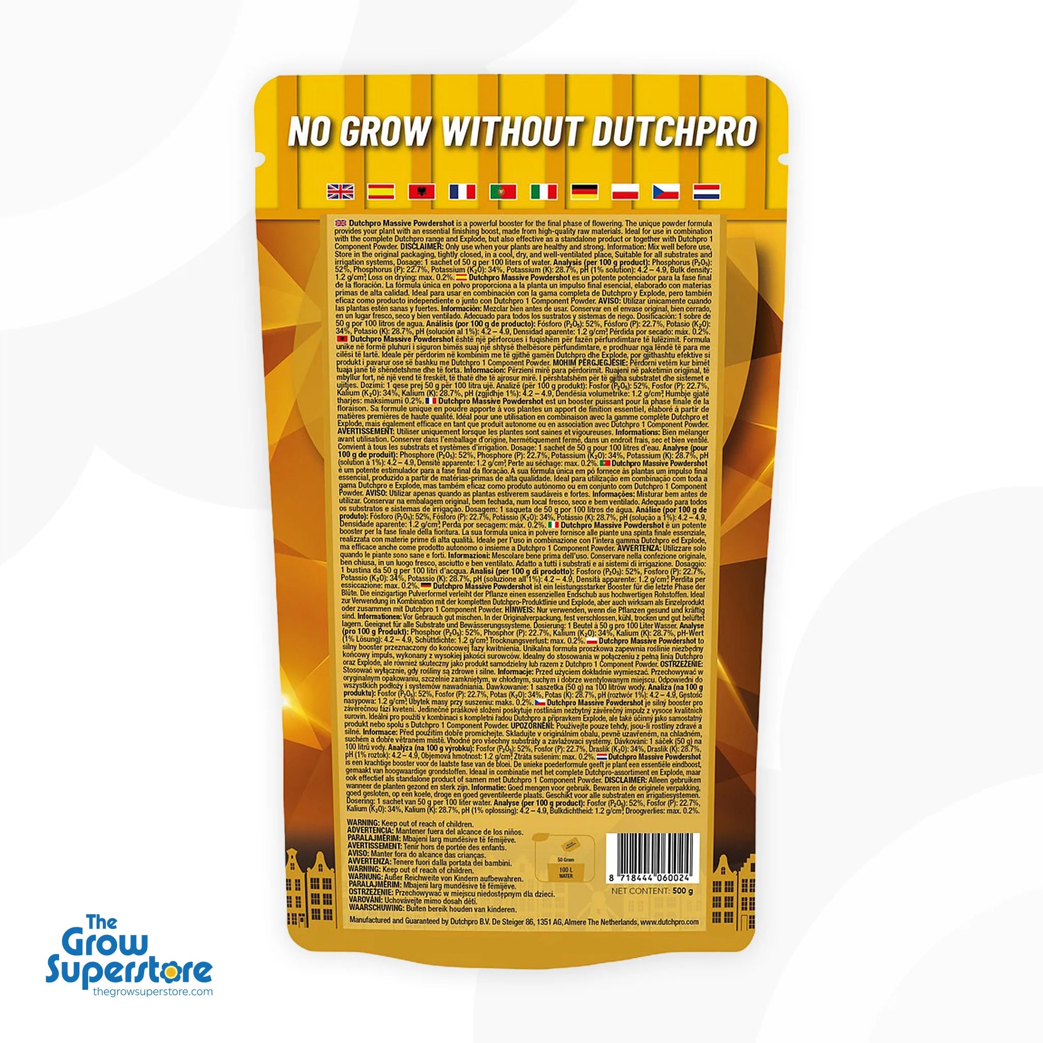 Dutch Pro Quantum Massive Powdershot 500g pouch — back of pack, multilingual instructions and analysis