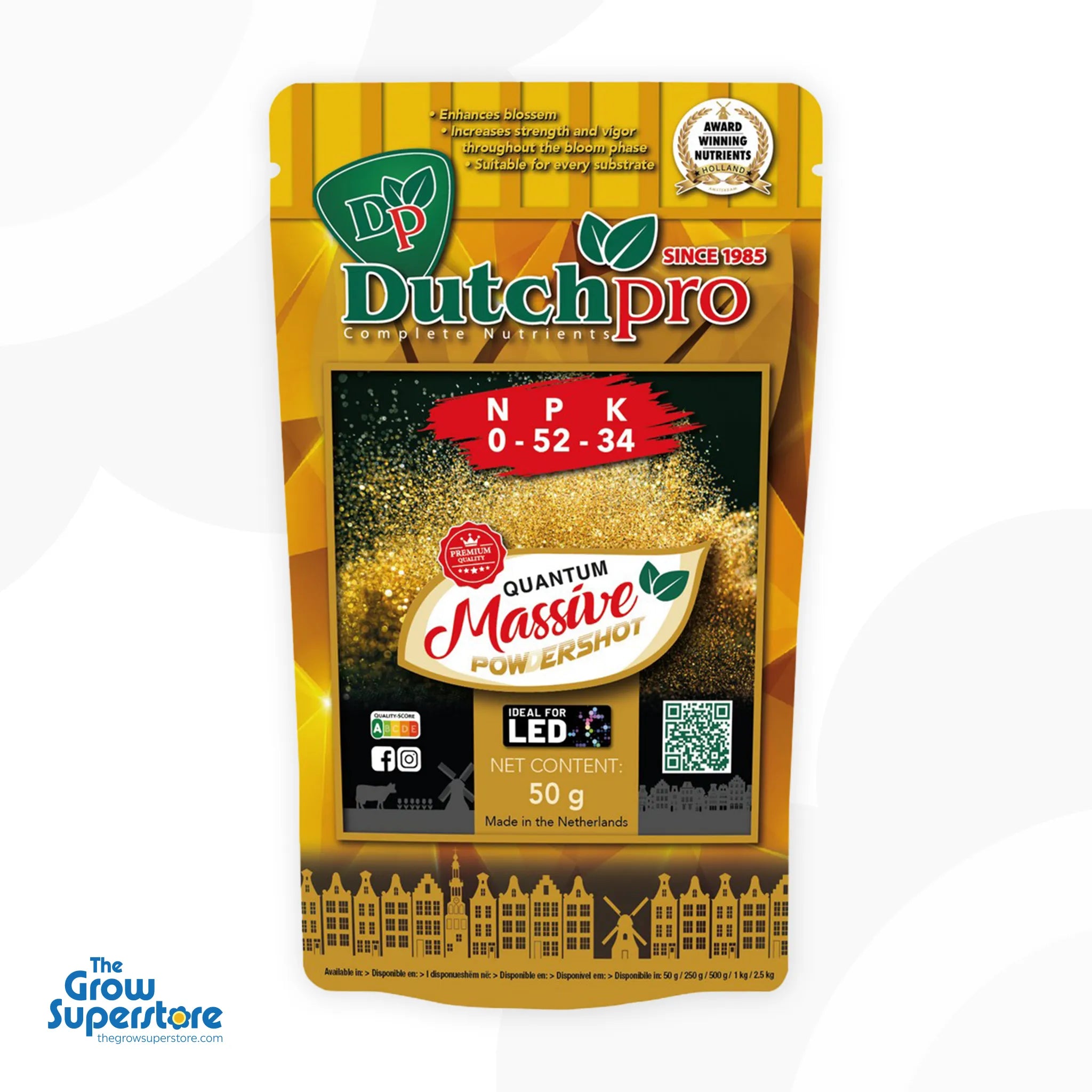 Dutch Pro Quantum Massive Powdershot 50g pouch — late-bloom PK finisher, NPK 0-52-34, front of pack