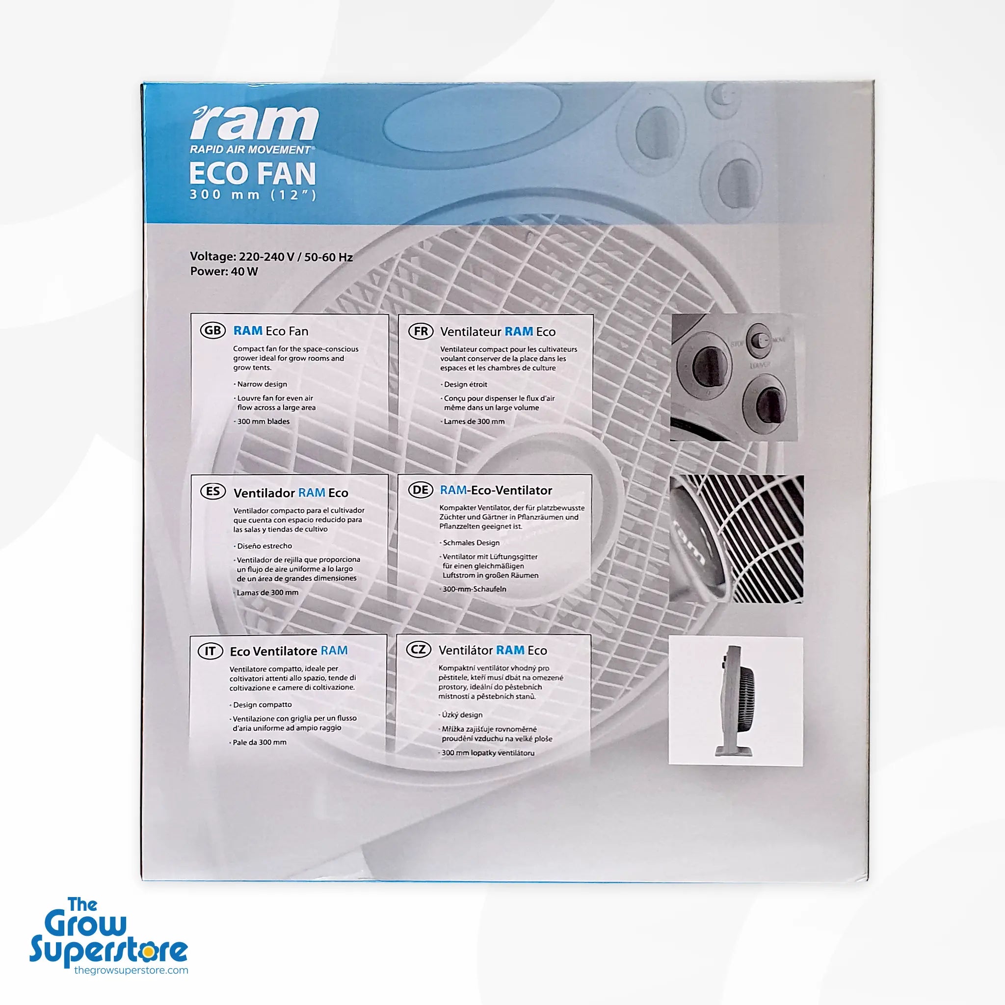 RAM Eco Floor Fan 12" back product packaging showing multilingual specifications – thegrowsuperstore.com