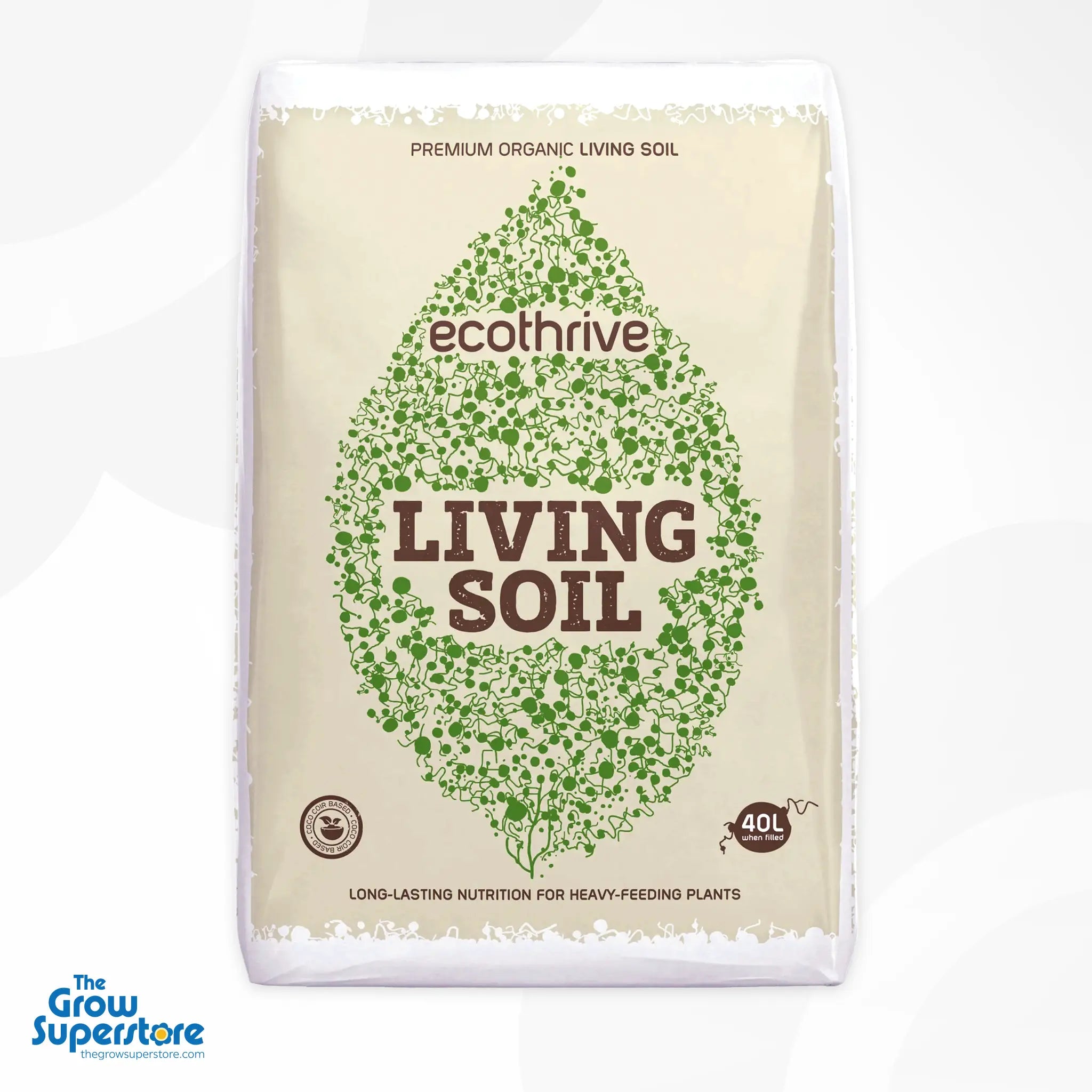 Front-facing bag of Ecothrive Living Soil 40 L showing branding graphics—a stylised green leaf pattern with ‘Living Soil’ text against a cream background – thegrowsuperstore.com