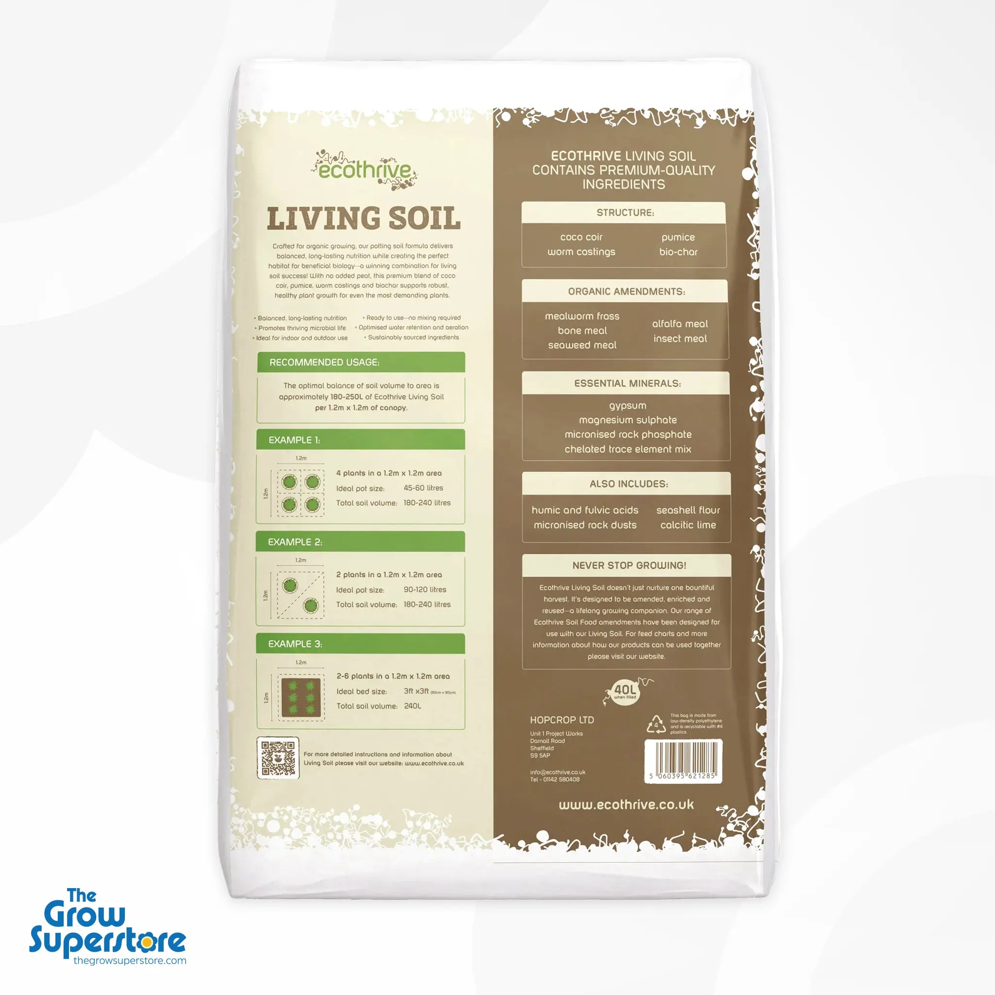 Reverse side of Ecothrive Living Soil bag, detailing product ingredients, nutrient information, usage guidance and soil composition on brown and cream label – thegrowsuperstore.com