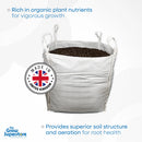 Large tote bag filled with dark, rich Ecothrive Living Soil, labelled ‘Made in United Kingdom’, emphasising superior structure and aeration for root health – thegrowsuperstore.com”