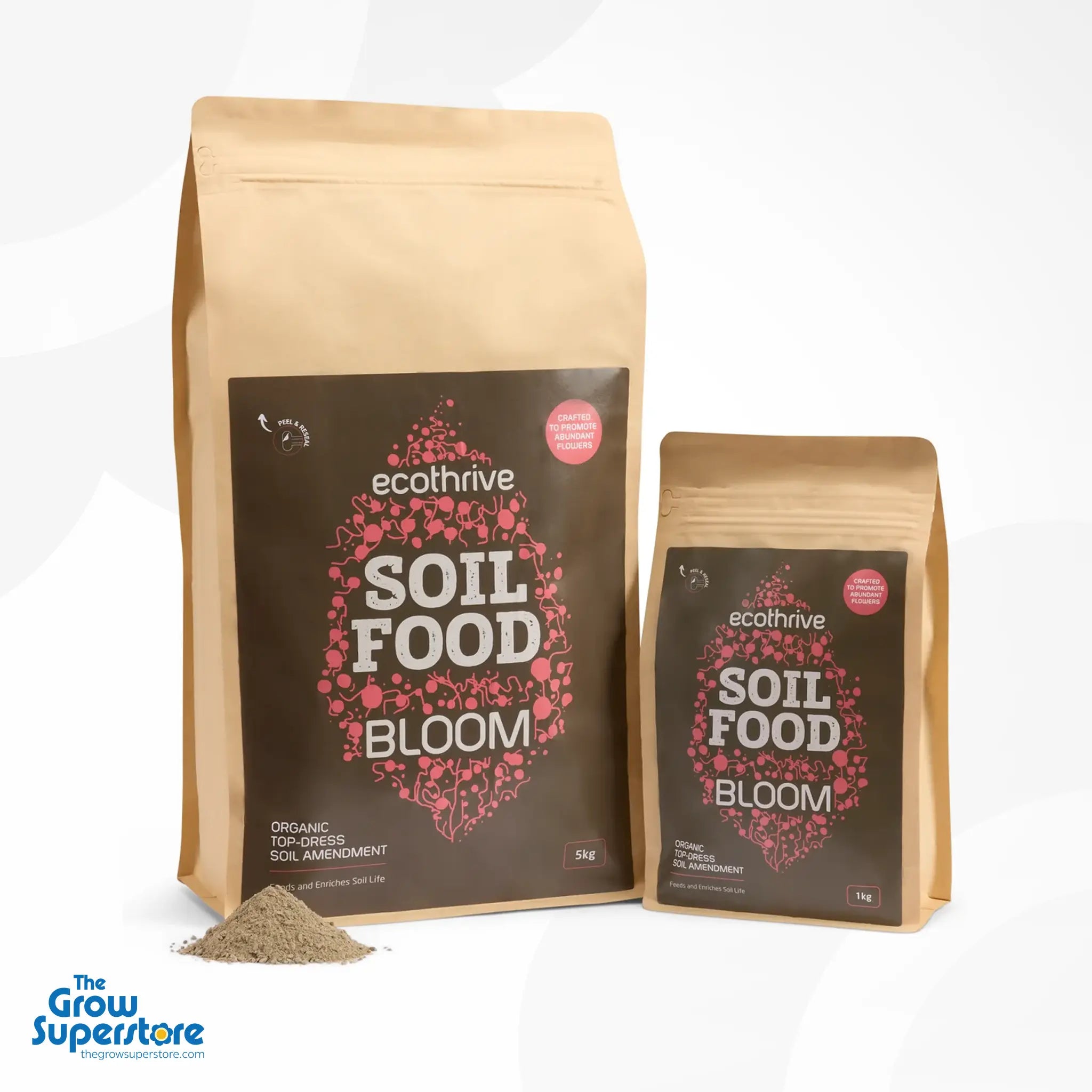 Two bags of Ecothrive Soil Food Bloom (5 kg and 1 kg) standing side by side with a pile of light‑brown powder in front – thegrowsuperstore.com