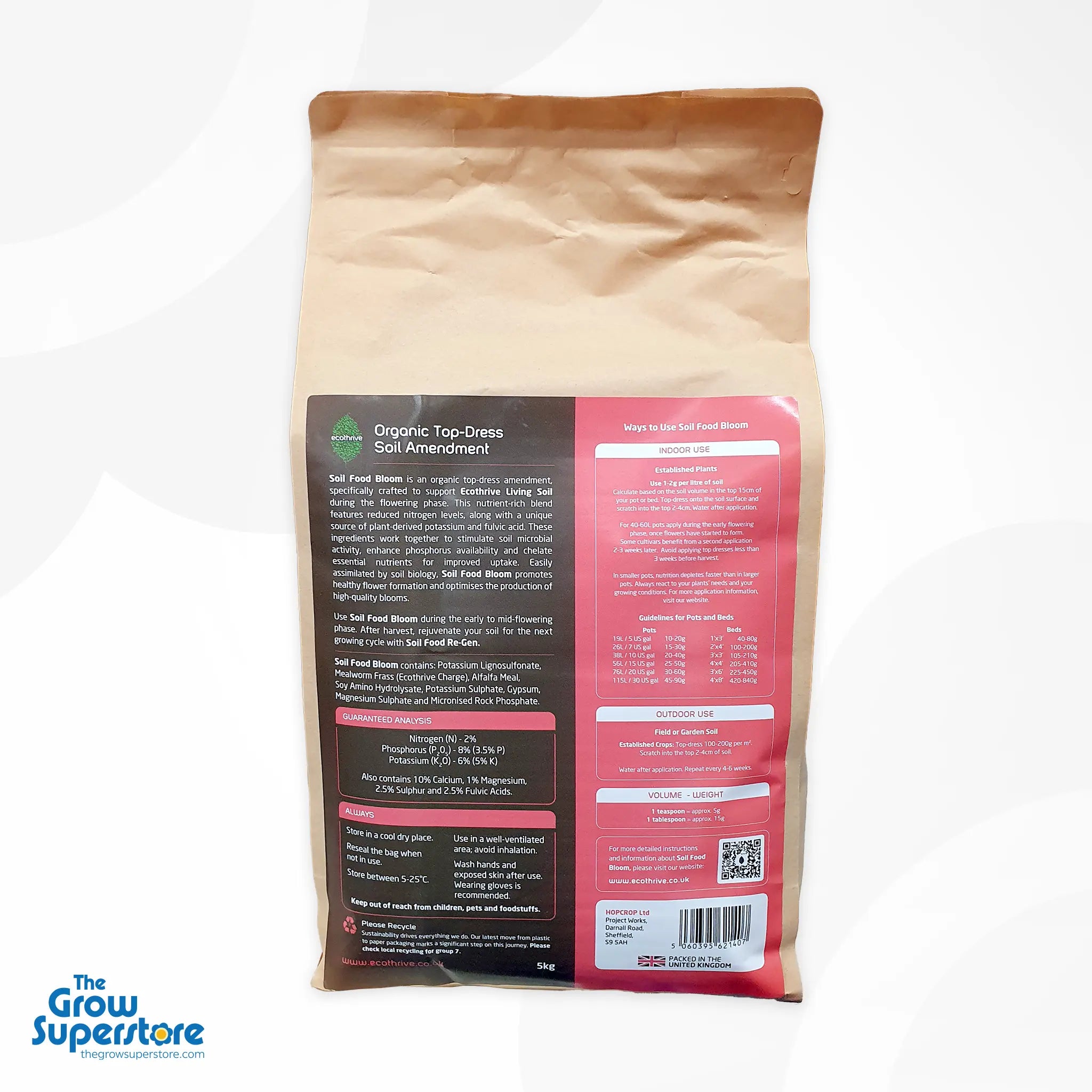 Reverse side of 5 kg Ecothrive Soil Food Bloom pouch showing usage instructions, guaranteed analysis and ingredient details – thegrowsuperstore.com