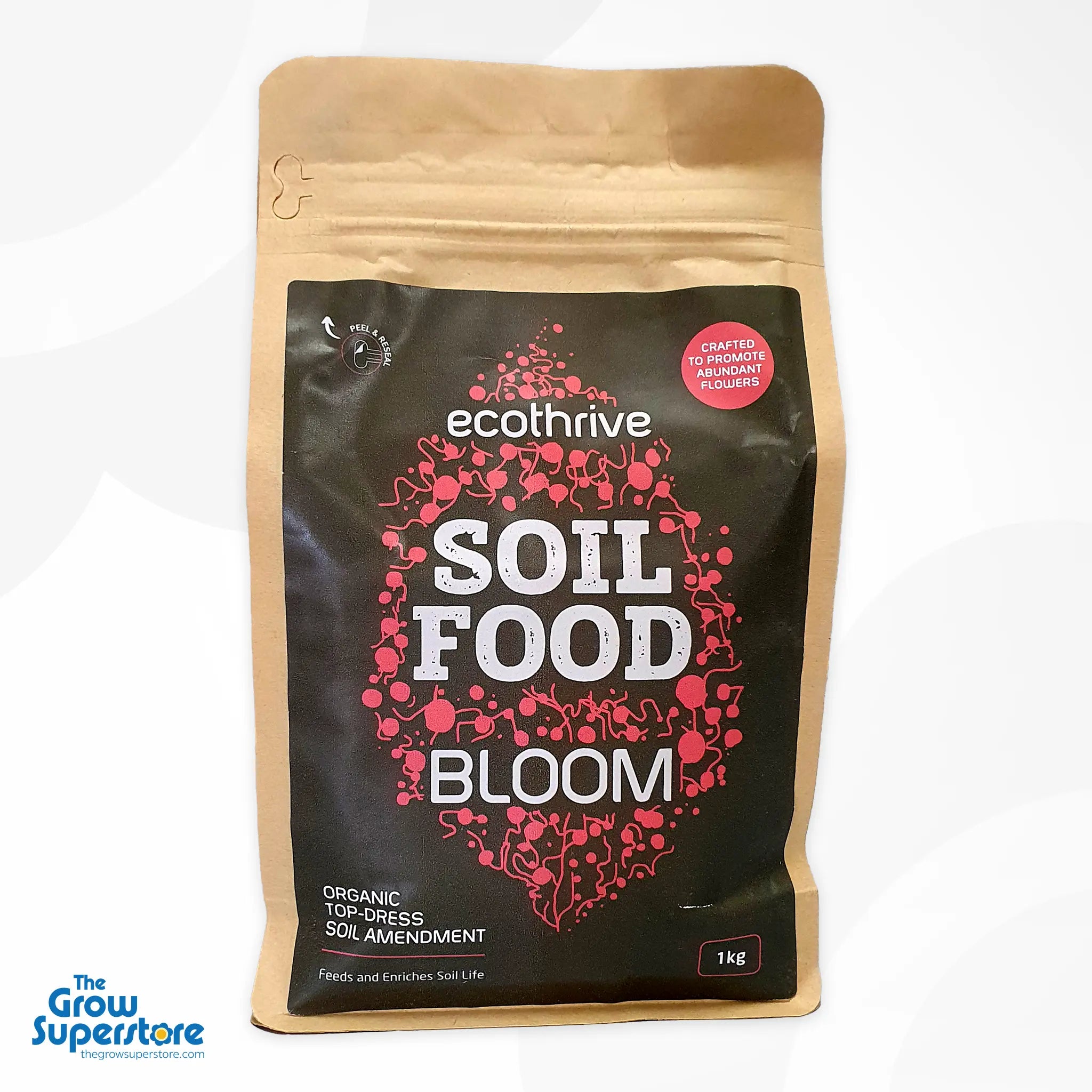 Front view of the 1 kg Ecothrive Soil Food Bloom resealable pouch featuring pink‑accented branding – thegrowsuperstore.com