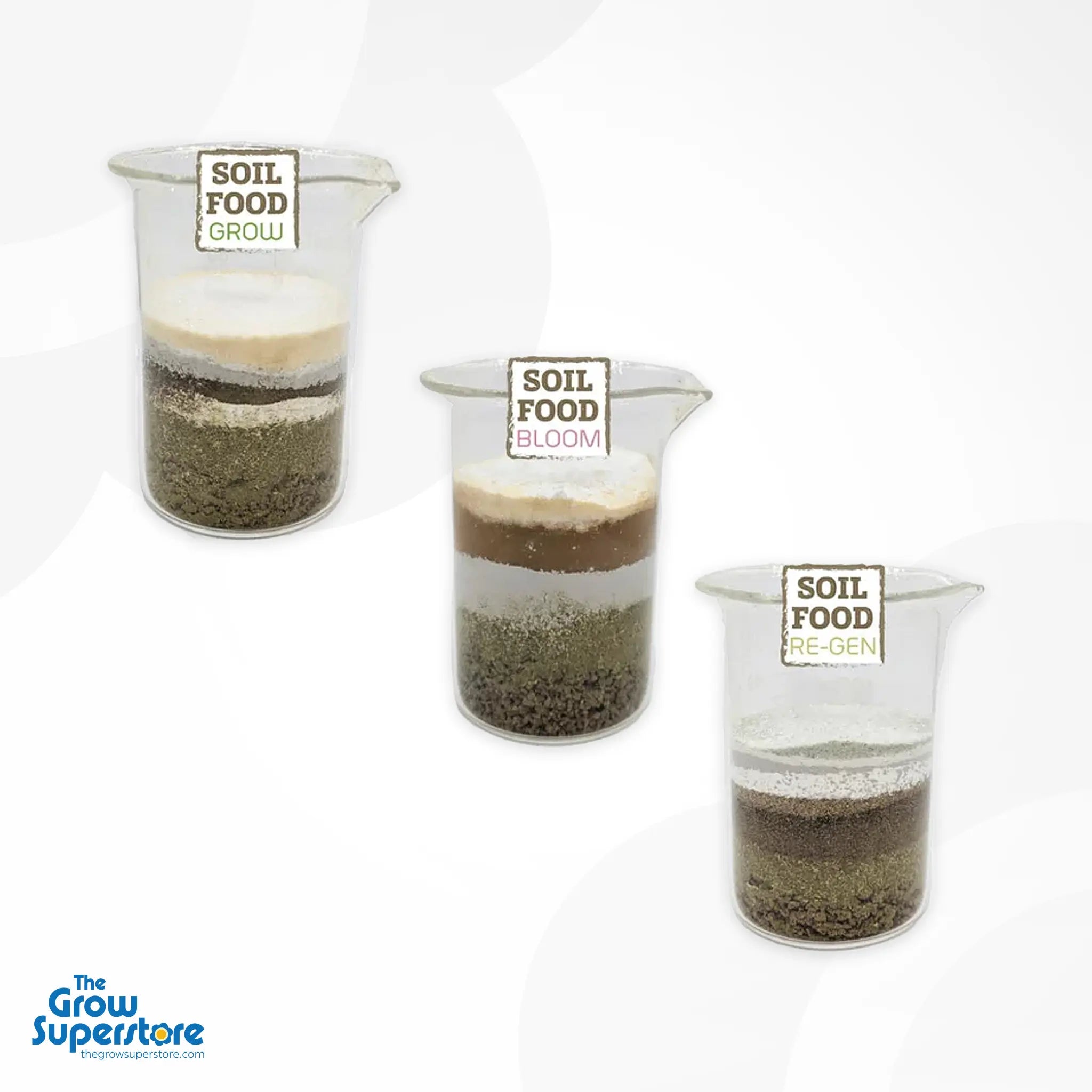 Three beakers showing layered mixtures of Soil Food Grow, Bloom and Re‑Gen powders for visual comparison – thegrowsuperstore.com