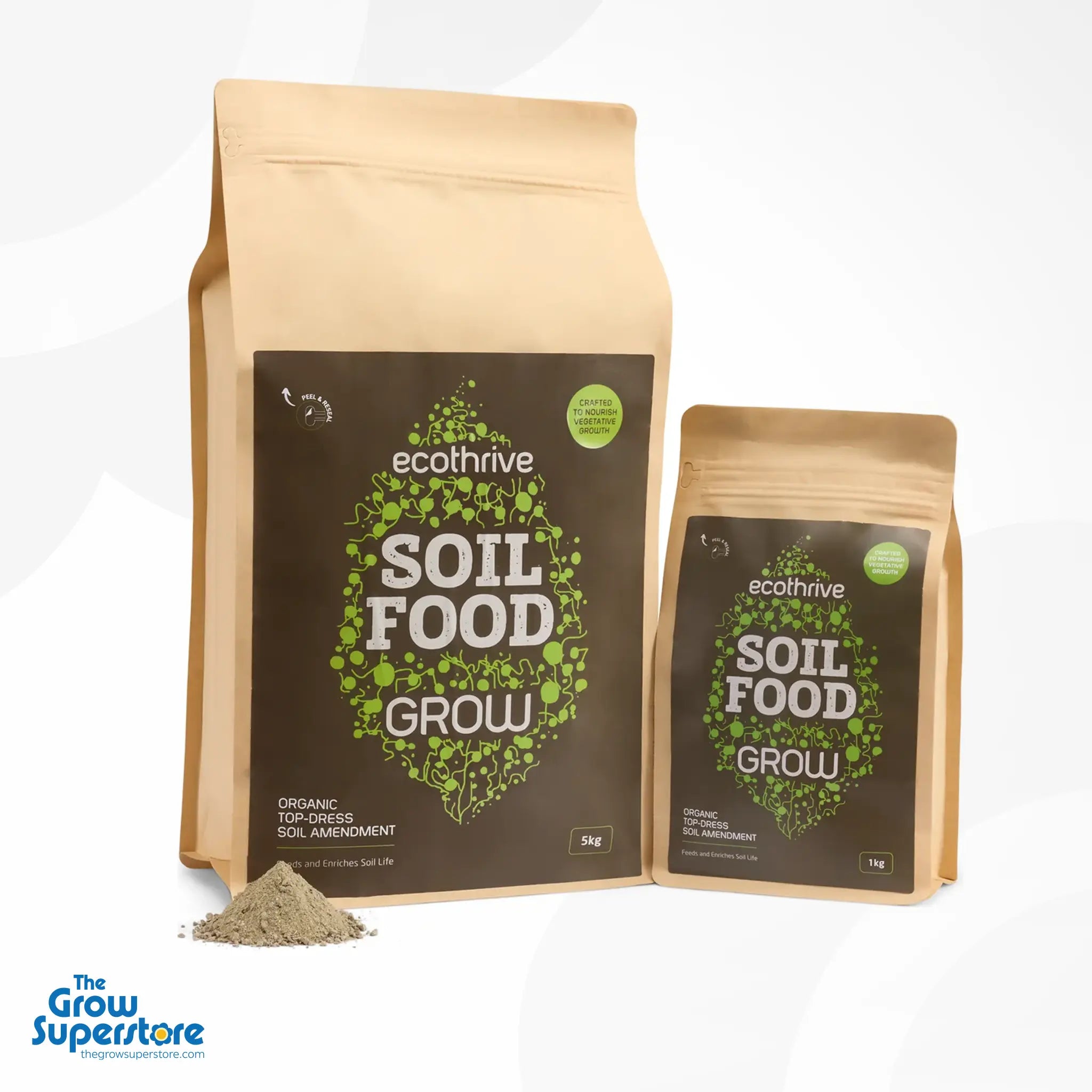 Two Ecothrive Soil Food Grow bags (5 kg and 1 kg) standing side by side with a small heap of powder top‑dressing in front – thegrowsuperstore.com