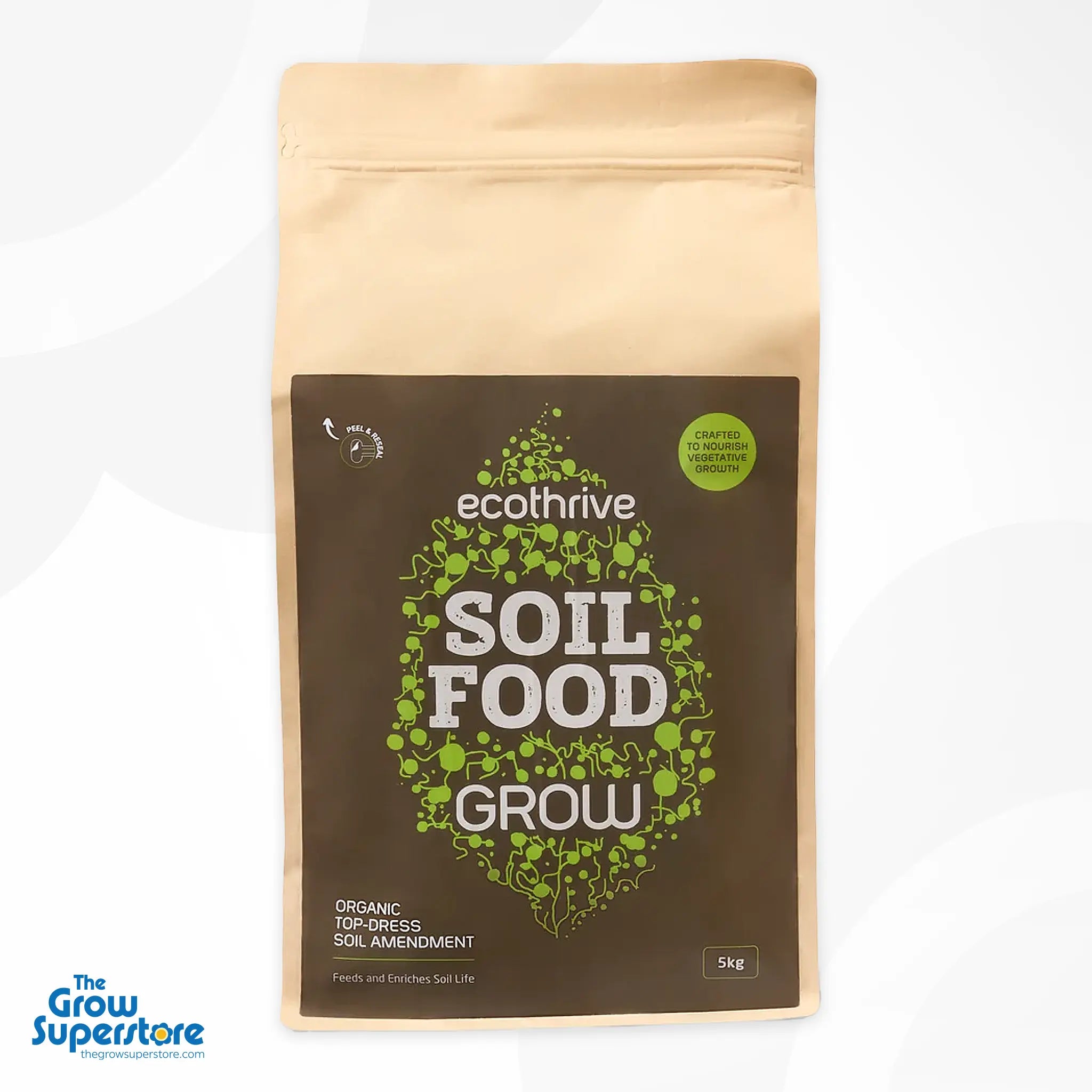Single 5 kg bag of Ecothrive Soil Food Grow organic top‑dress amendment with front‑facing label in clear view – thegrowsuperstore.com