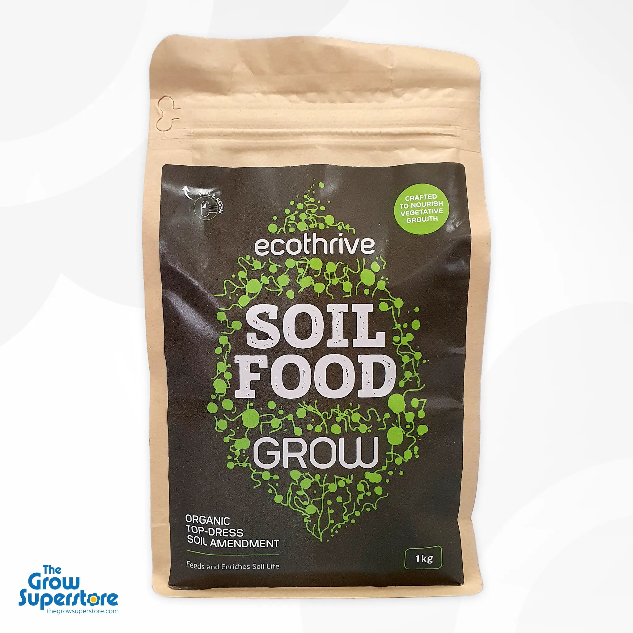 Single 1 kg pouch of Ecothrive Soil Food Grow with peel‑and‑reseal top and visible product branding – thegrowsuperstore.com