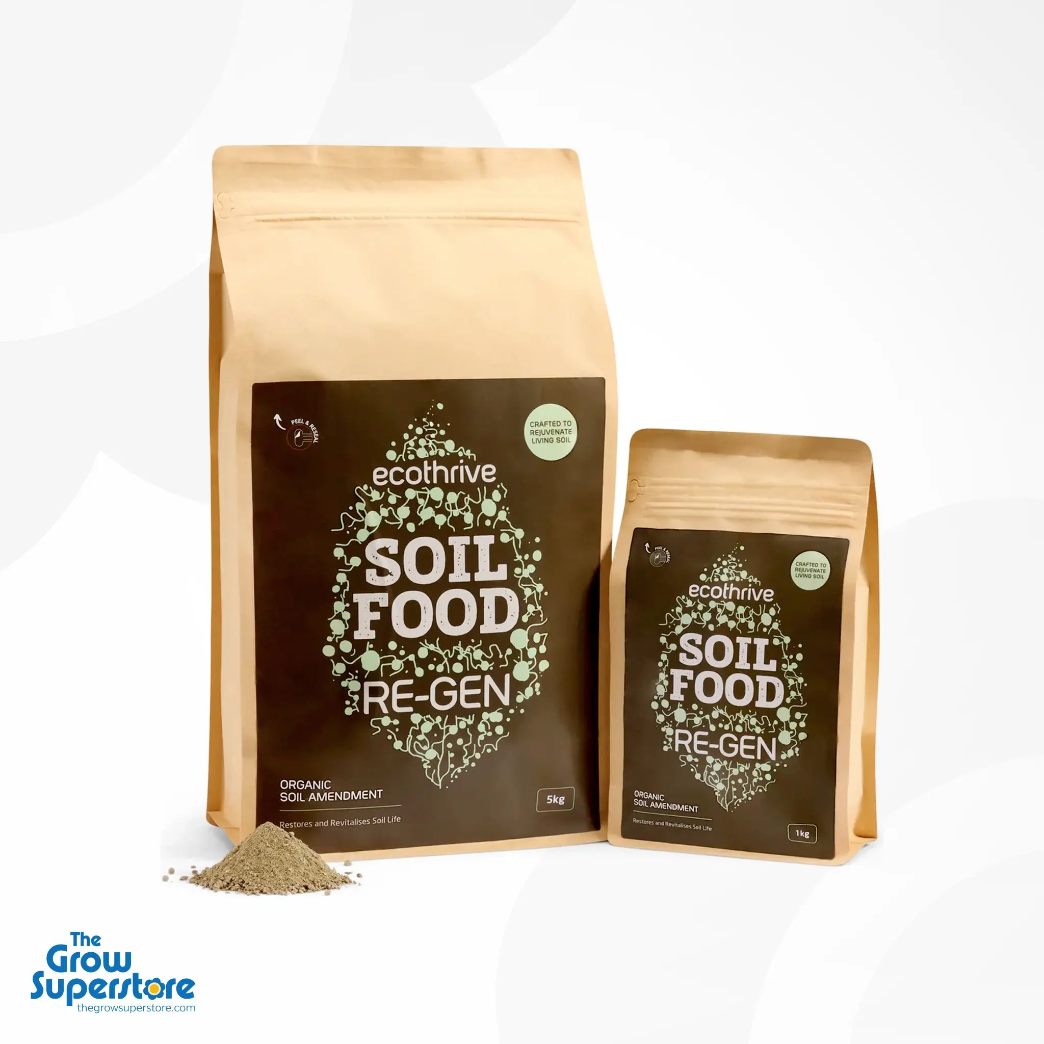 Two sizes of Ecothrive Soil Food Re‑Gen organic soil amendment with powder sample in front – thegrowsuperstore.com