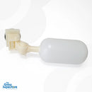 Float valve kit components laid out: float valve body, adjustable arm, float ball and dual hose end connectors – thegrowsuperstore.com