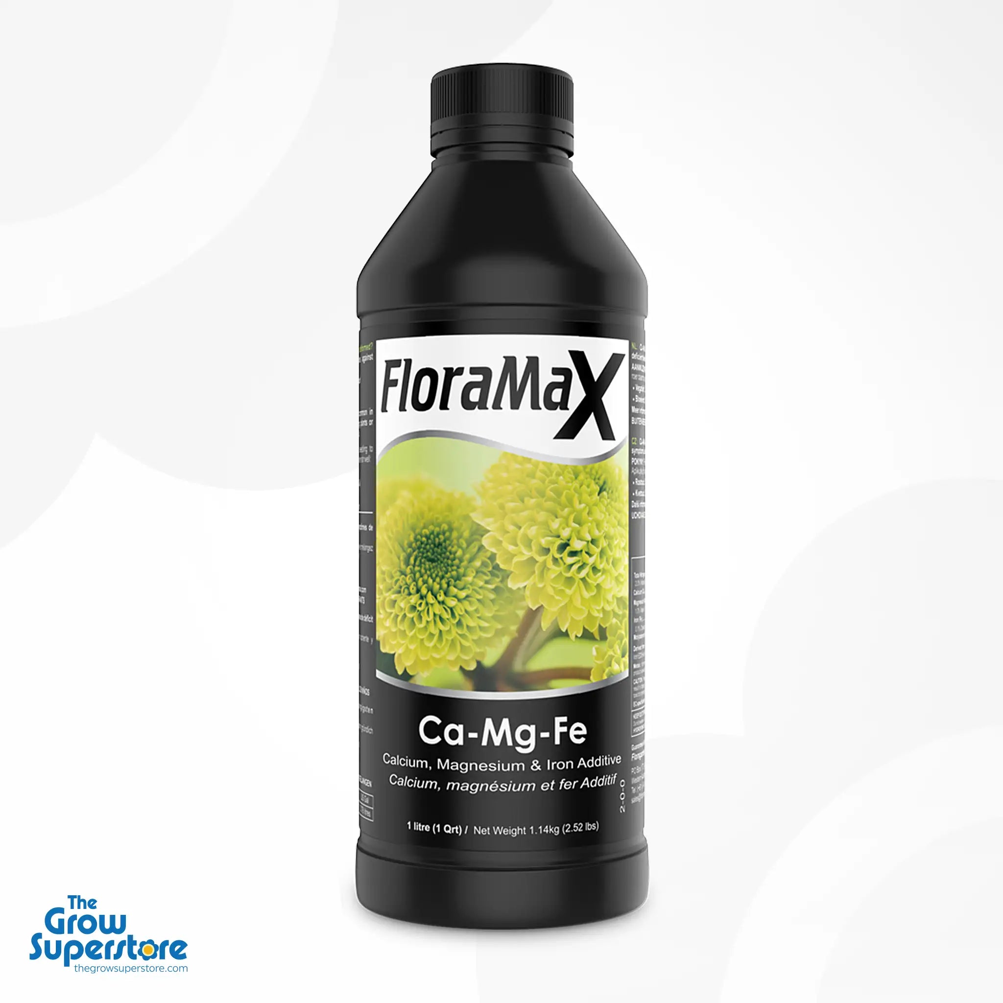 Close-up of FloraMax Ca-Mg-Fe 1-litre bottle containing calcium, magnesium, iron, and trace elements for hydroponic health – thegrowsuperstore.com