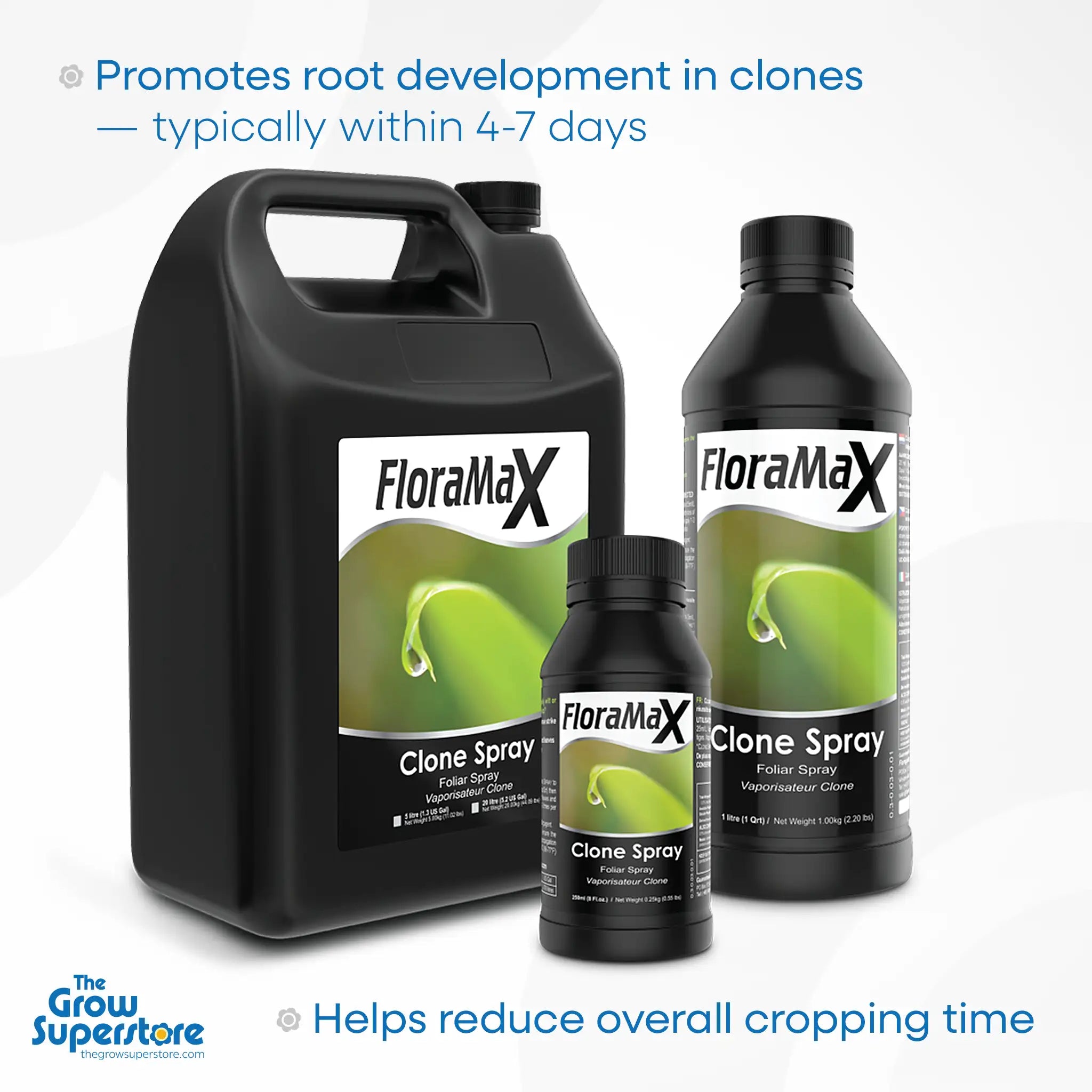 FloraMax Clone Spray 250ml, 1L, and 5L bottles – promotes root development in 4–7 days – thegrowsuperstore.com