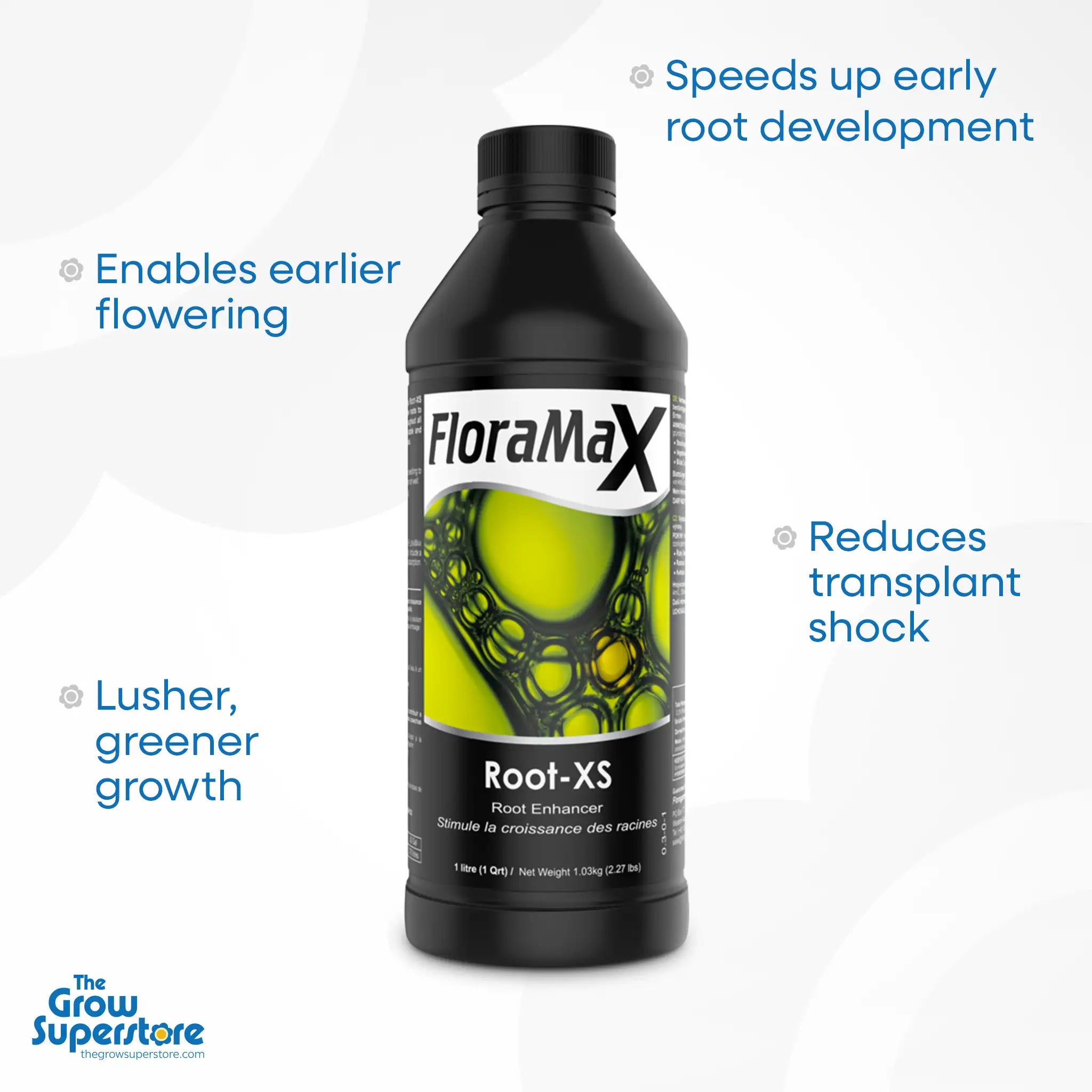 FloraMax Root-XS 1L root enhancer bottle with text overlay: speeds up early root development, enables earlier flowering, reduces transplant shock, and supports greener, lusher growth – thegrowsuperstore.com