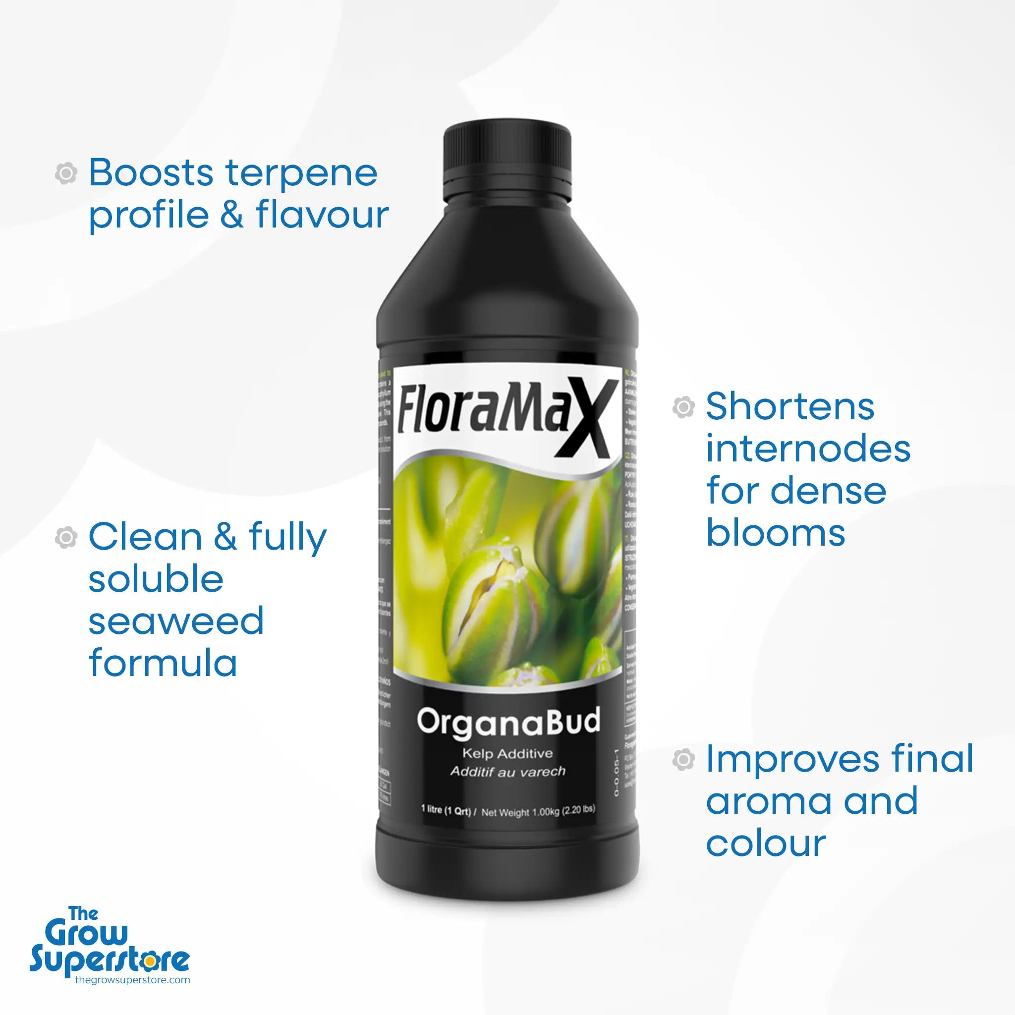 FloraMax OrganaBud 1L organic additive bottle with text overlay: boosts terpene profile and flavour, shortens internodes for dense blooms, improves final aroma and colour, and uses a fully soluble seaweed-based formula – thegrowsuperstore.com