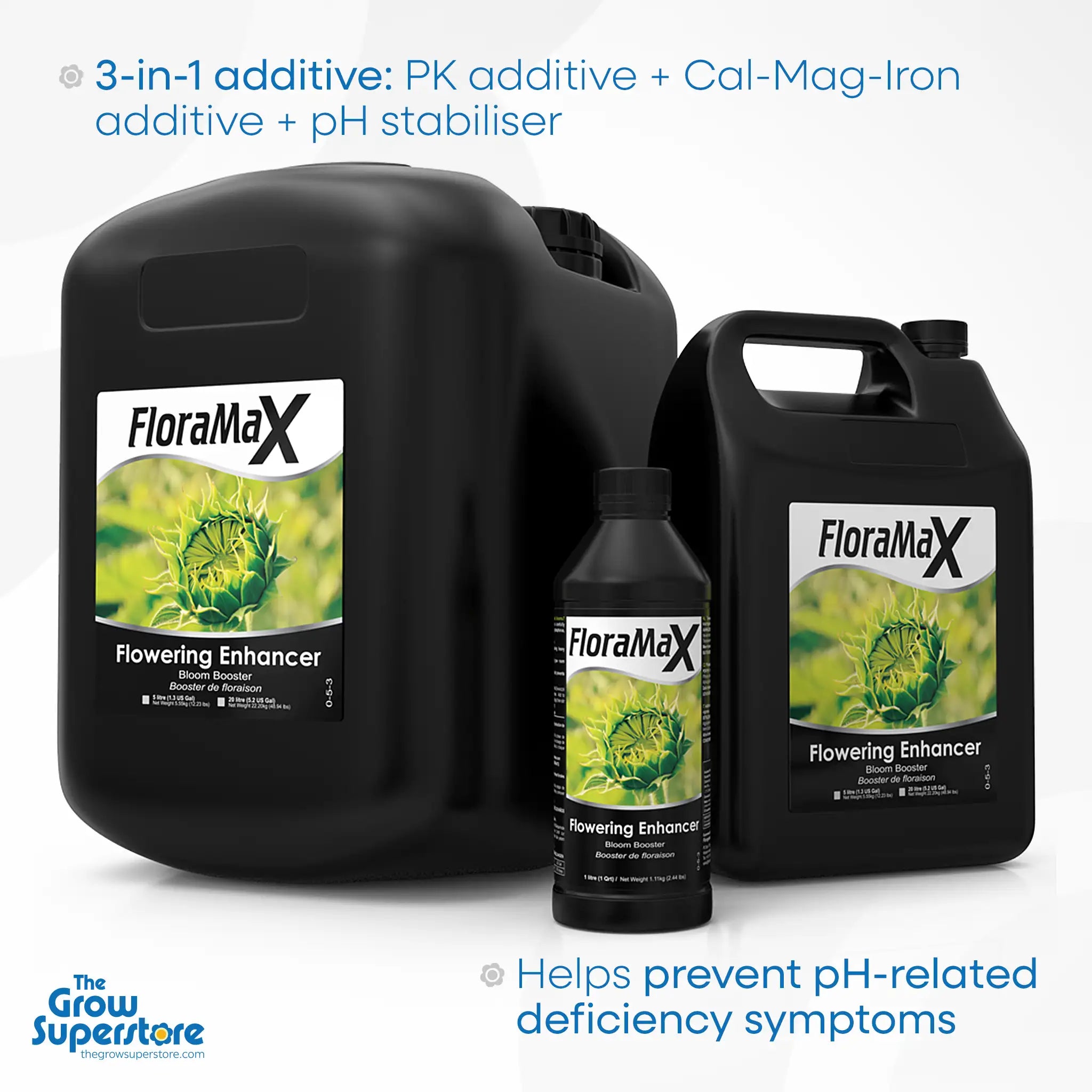 loraMax Flowering Enhancer range – 3-in-1 bloom booster with PK, Cal-Mag-Iron and pH stabiliser – thegrowsuperstore.com