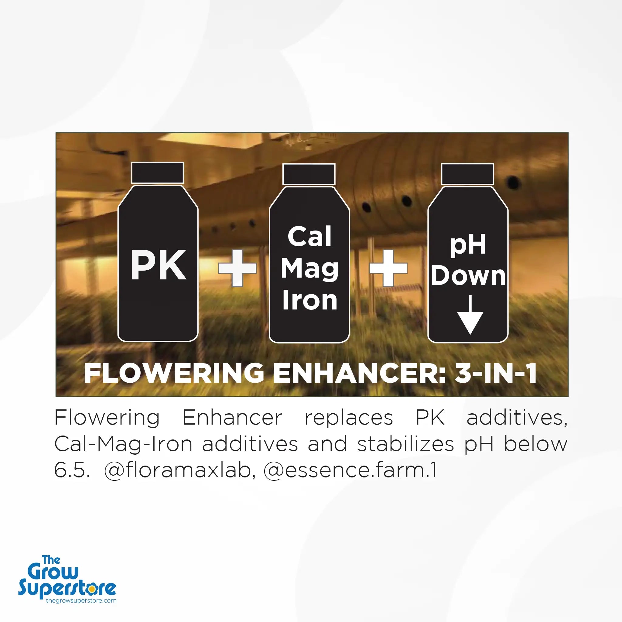Graphic showing FloraMax Flowering Enhancer replaces PK, Cal-Mag-Iron and pH Down in one product – thegrowsuperstore.com