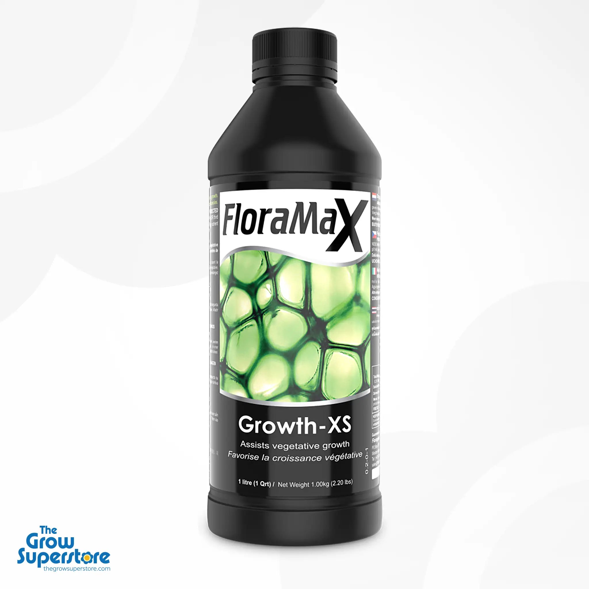 Close-up of FloraMax Growth-XS 1-litre bottle, designed to accelerate plant vegetative growth during early stages – thegrowsuperstore.com