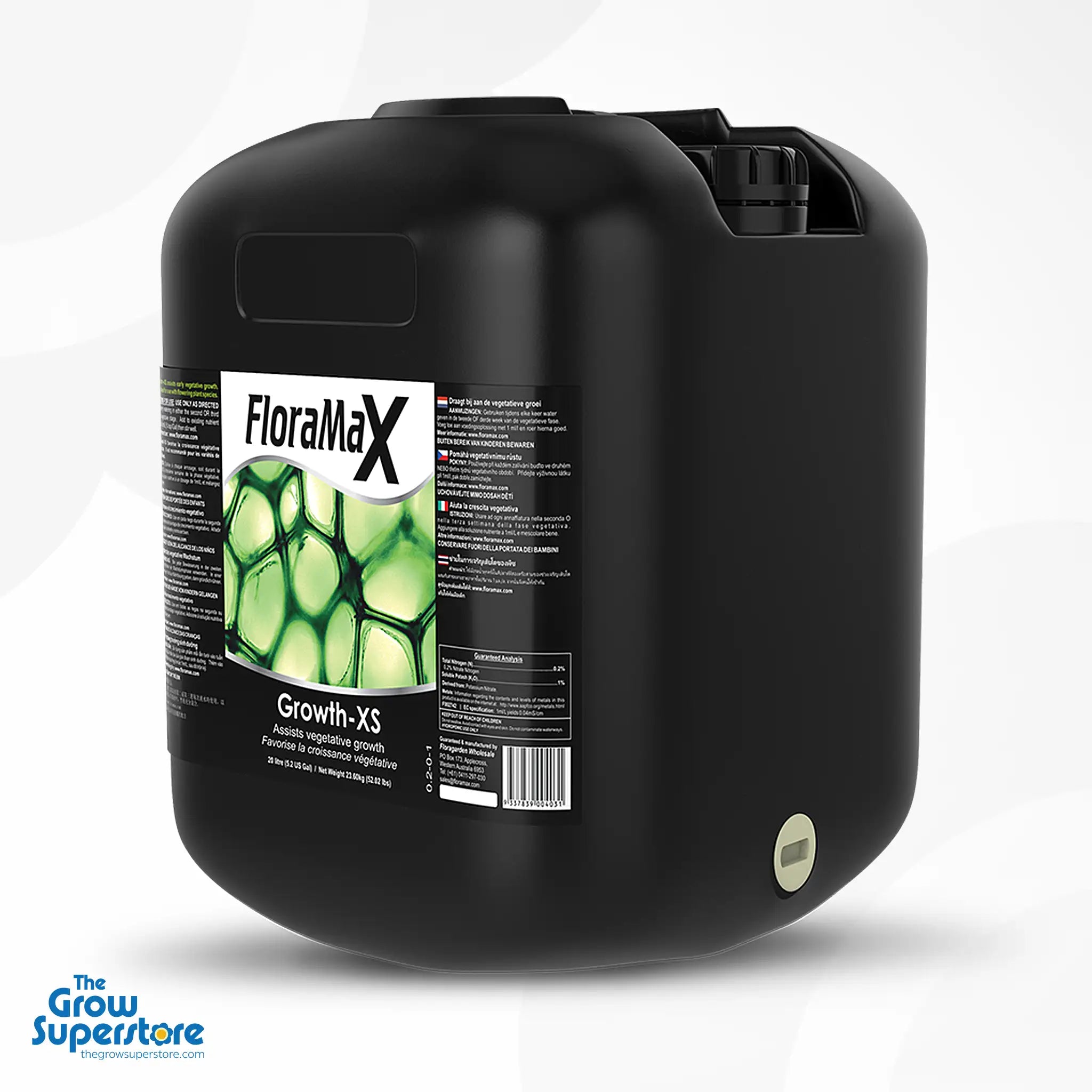 FloraMax Growth-XS in a 20-litre bottle for large-scale hydroponic or greenhouse operations – thegrowsuperstore.com