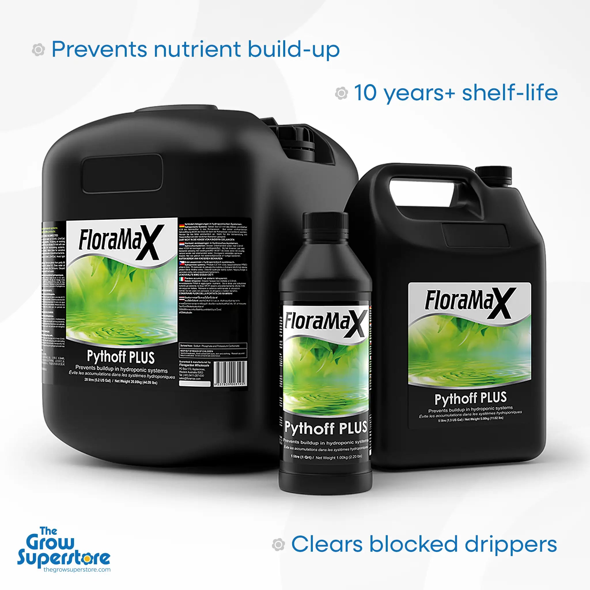 FloraMax Pythoff PLUS in multiple bottle sizes, with text overlays highlighting features like "prevents nutrient build-up," "10 years+ shelf-life," and "clears blocked drippers" – thegrowsuperstore.com