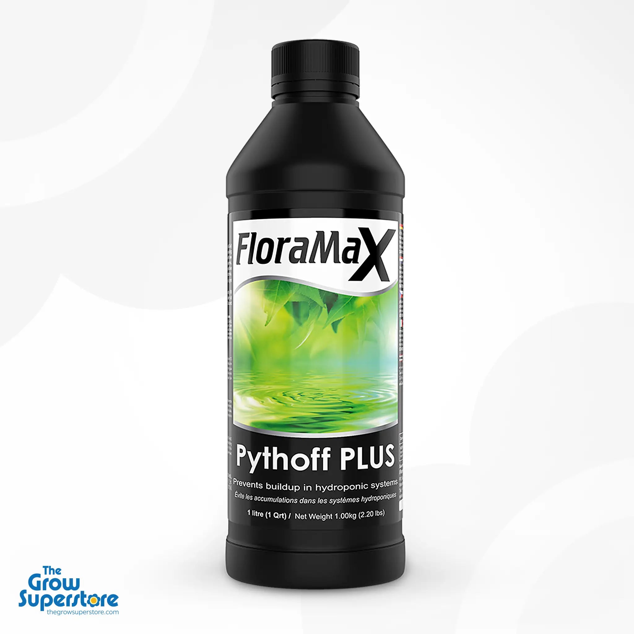 Close-up of FloraMax Pythoff PLUS 1-litre bottle used for hydroponic system maintenance and nutrient solution conditioning – thegrowsuperstore.com
