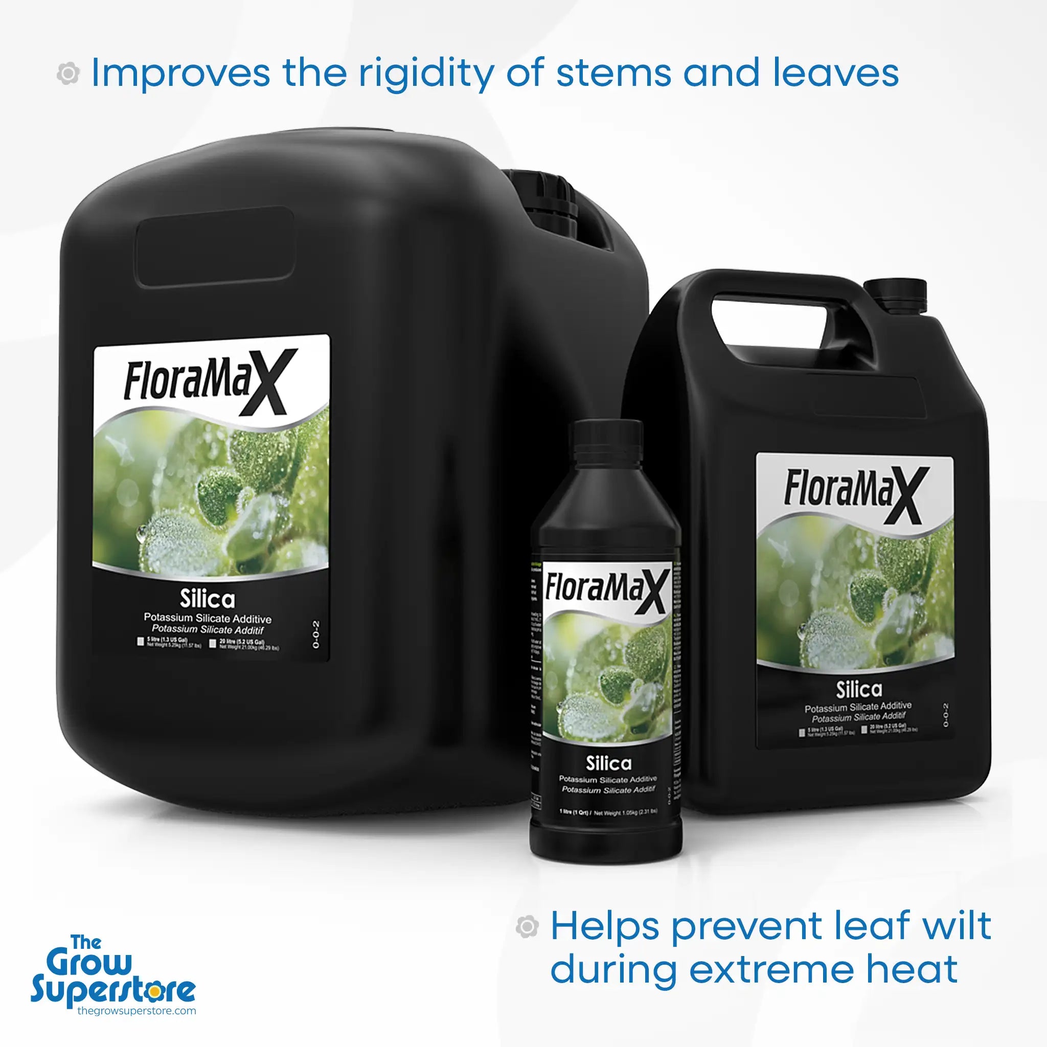 Group shot of FloraMax Silica range in various bottle sizes – 250ml to 5L – thegrowsuperstore.com