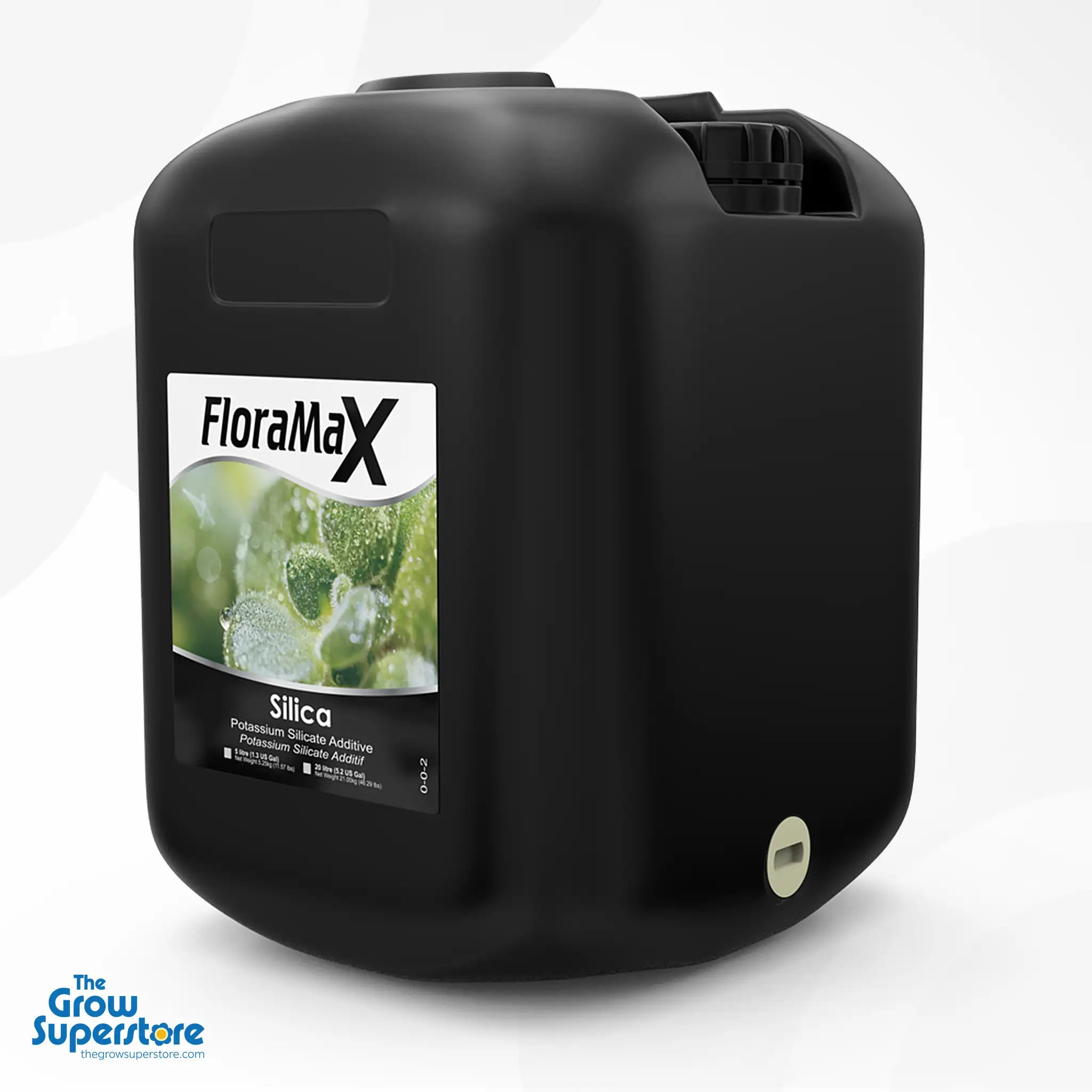Detailed front label of FloraMax Silica 20L container – silica-based nutrient solution for indoor and hydroponic plants – thegrowsuperstore.com