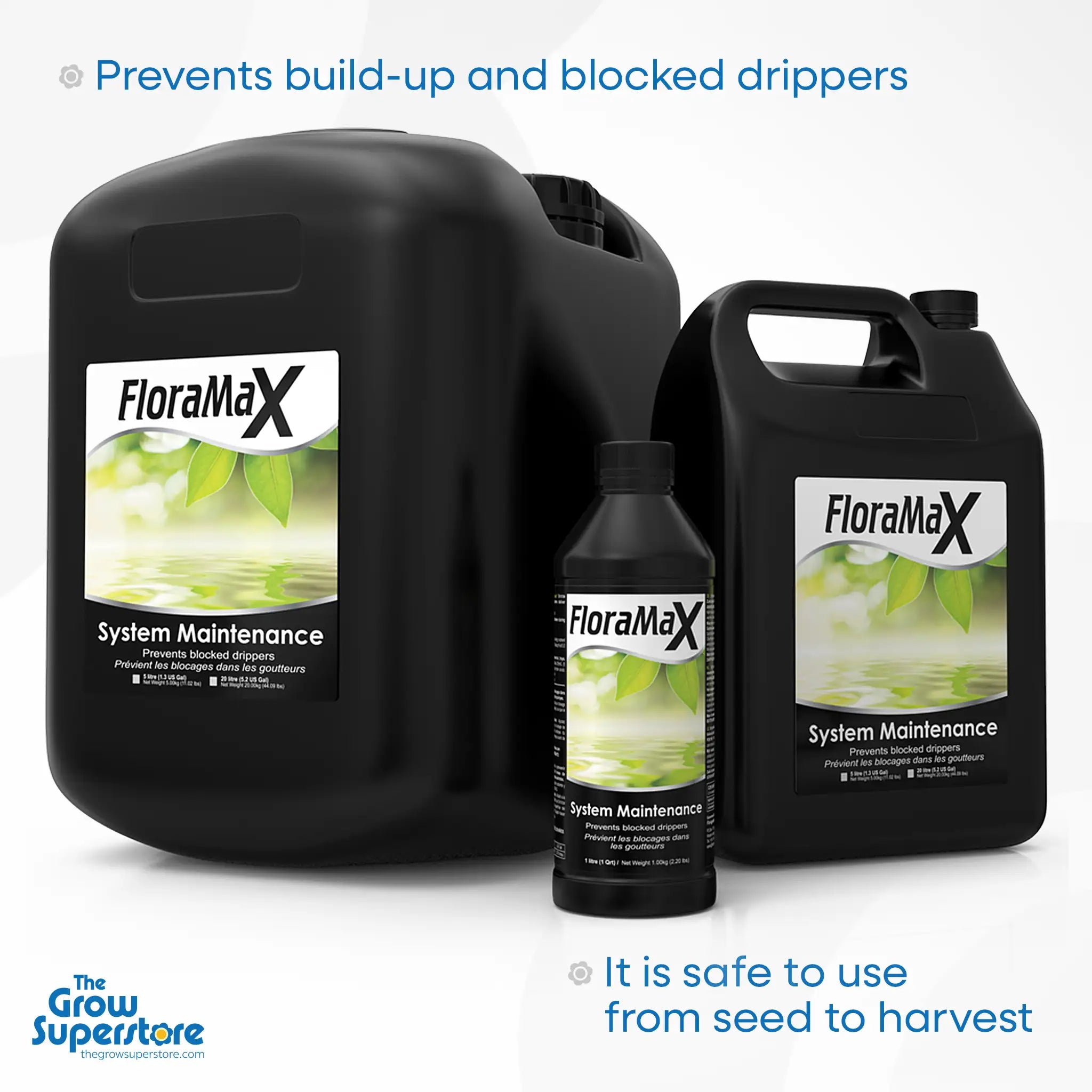 FloraMax System Maintenance bottles in multiple sizes – prevents build-up and blocked drippers in hydro systems – thegrowsuperstore.com