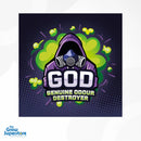 GOD Genuine Odour Destroyer logo – masked figure in purple hood with green odour cloud graphic. Branding for GOD gel and aerosol air fresheners. Featured by The Grow Superstore – thegrowsuperstore.com