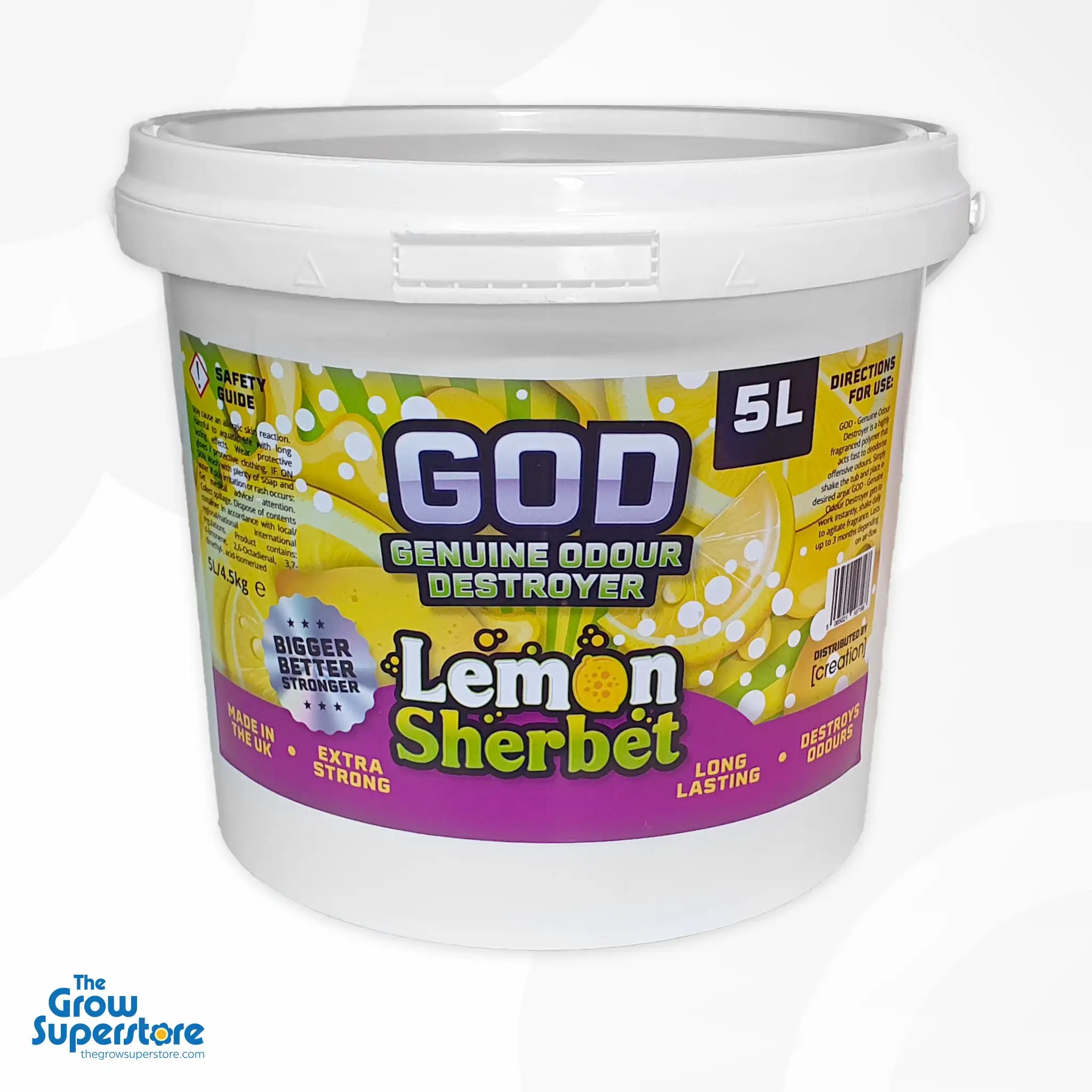 GOD Gel Lemon Sherbet 5L – Long-lasting lemon-scented odour control gel. Ideal for indoor setups and hydroponic environments. Sold by The Grow Superstore – thegrowsuperstore.com
