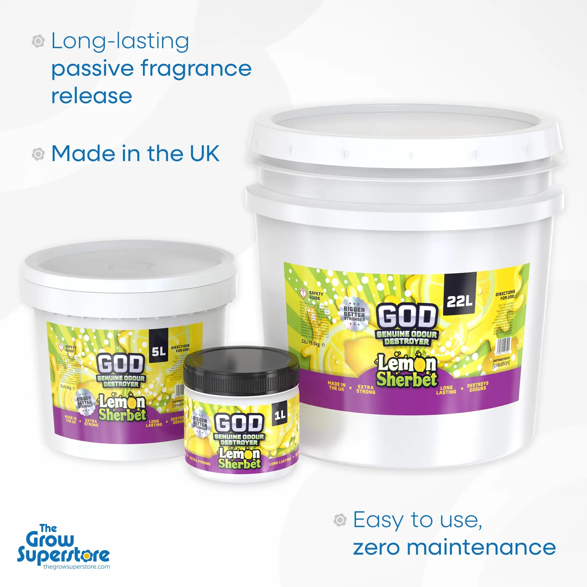 GOD Gel Lemon Sherbet – Complete odour control gel range in 1L, 5L, and 22L. Fresh citrus fragrance, made in the UK. Available at The Grow Superstore – thegrowsuperstore.com