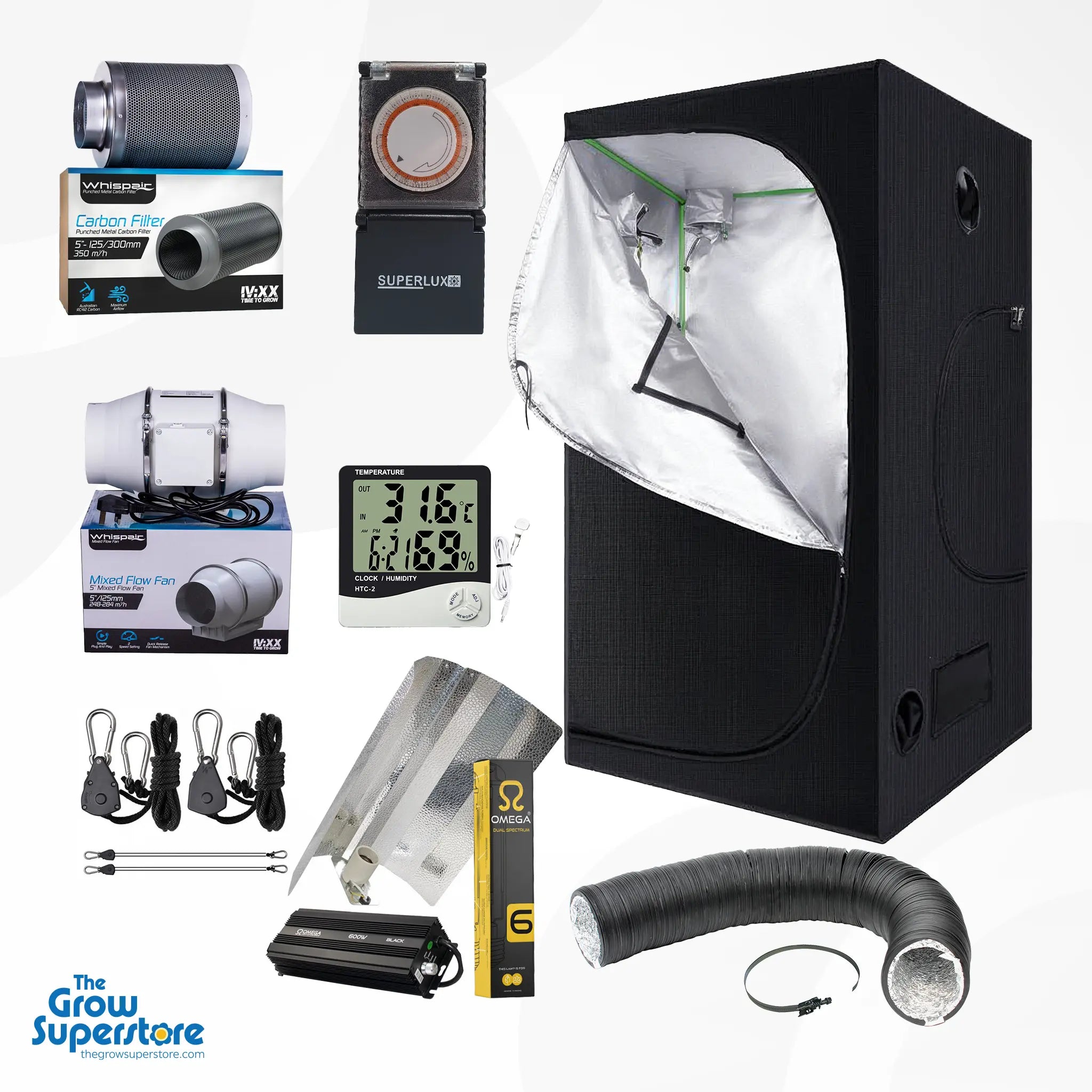 Hydroponic grow tent standard kit components laid out: black 120x120x200cm grow tent with silver mylar lining, Omega 600W digital ballast, 600W HPS grow lamp and reflector, rope ratchet hangers, Superlux 24‑hour timer, hygrometer with temperature/humidity probe, WhispAIR 5-inch mixed flow fan and carbon filter, plus 5m black combi ducting and quick-release clamp – thegrowsuperstore.com