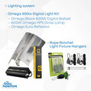 Lighting system components: Omega Black 600W digital ballast, 600W HPS grow lamp in black and gold Omega Euro reflector, plus rope ratchet light hanger set – thegrowsuperstore.com