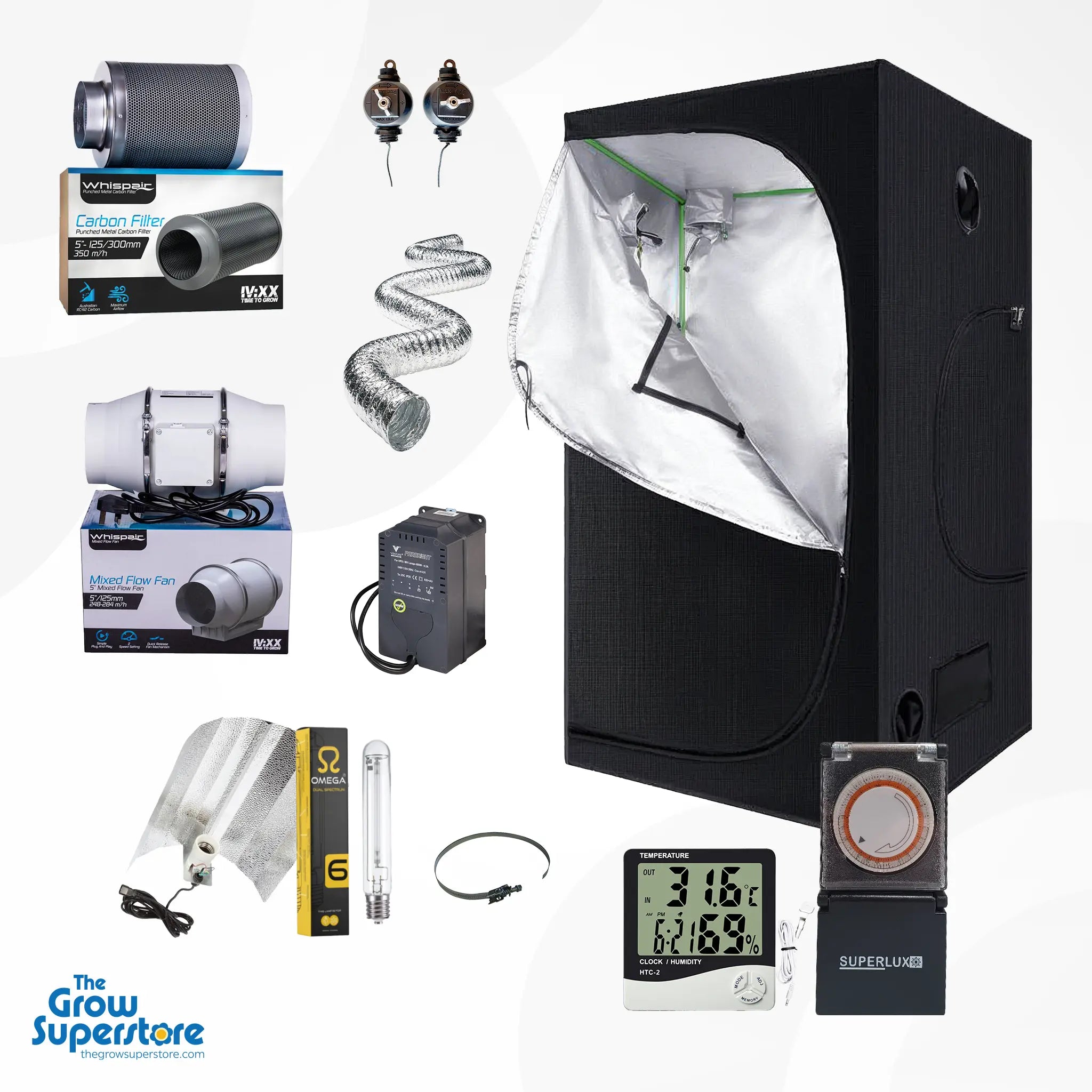 Complete Hydroponic Grow Tent Starter Kit with lighting, ventilation, timer, and hygrometer components from The Grow Superstore – thegrowsuperstore.com
