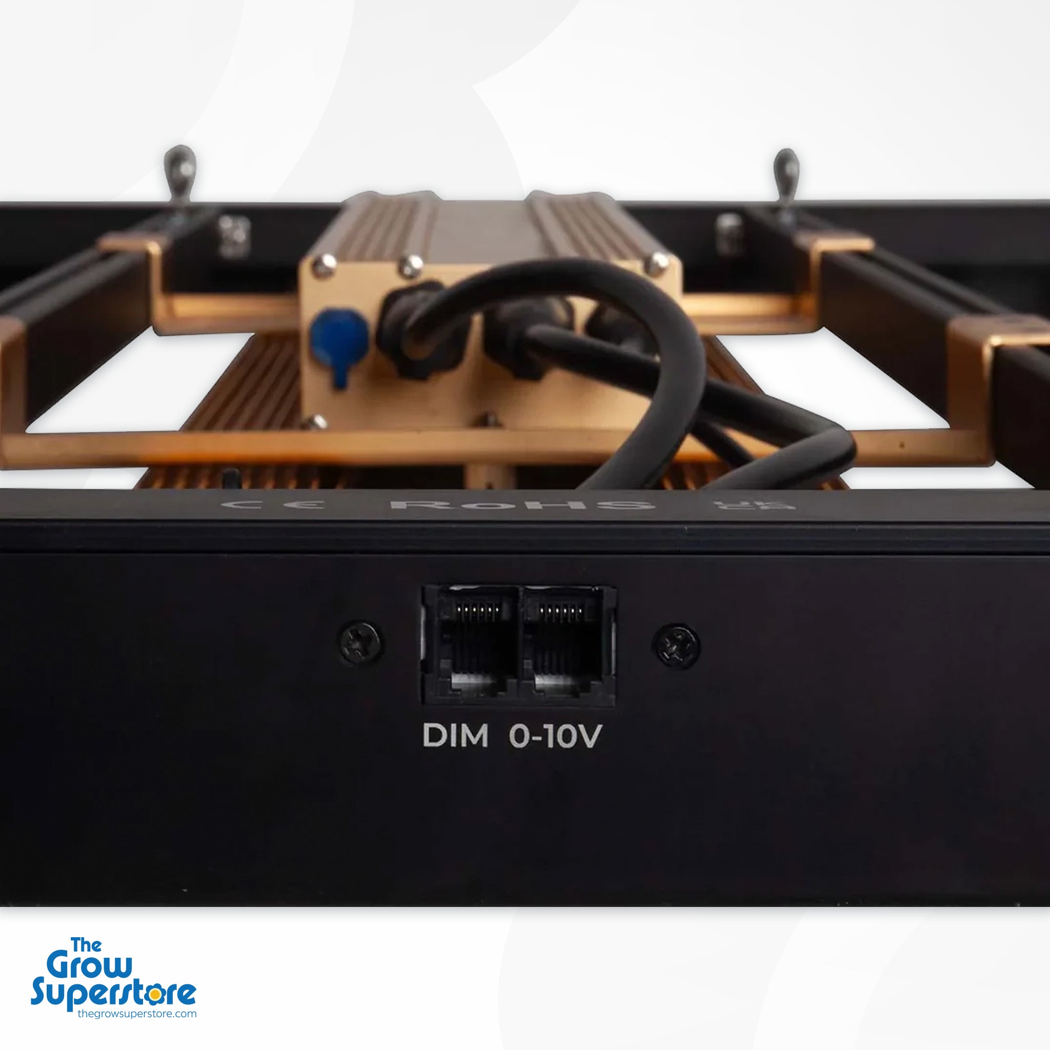 Detail of dimming control ports on Omega Infinity 1000W 3.0 Pro LED, allowing external controller compatibility for precise brightness adjustments. Available at The Grow Superstore – thegrowsuperstore.com