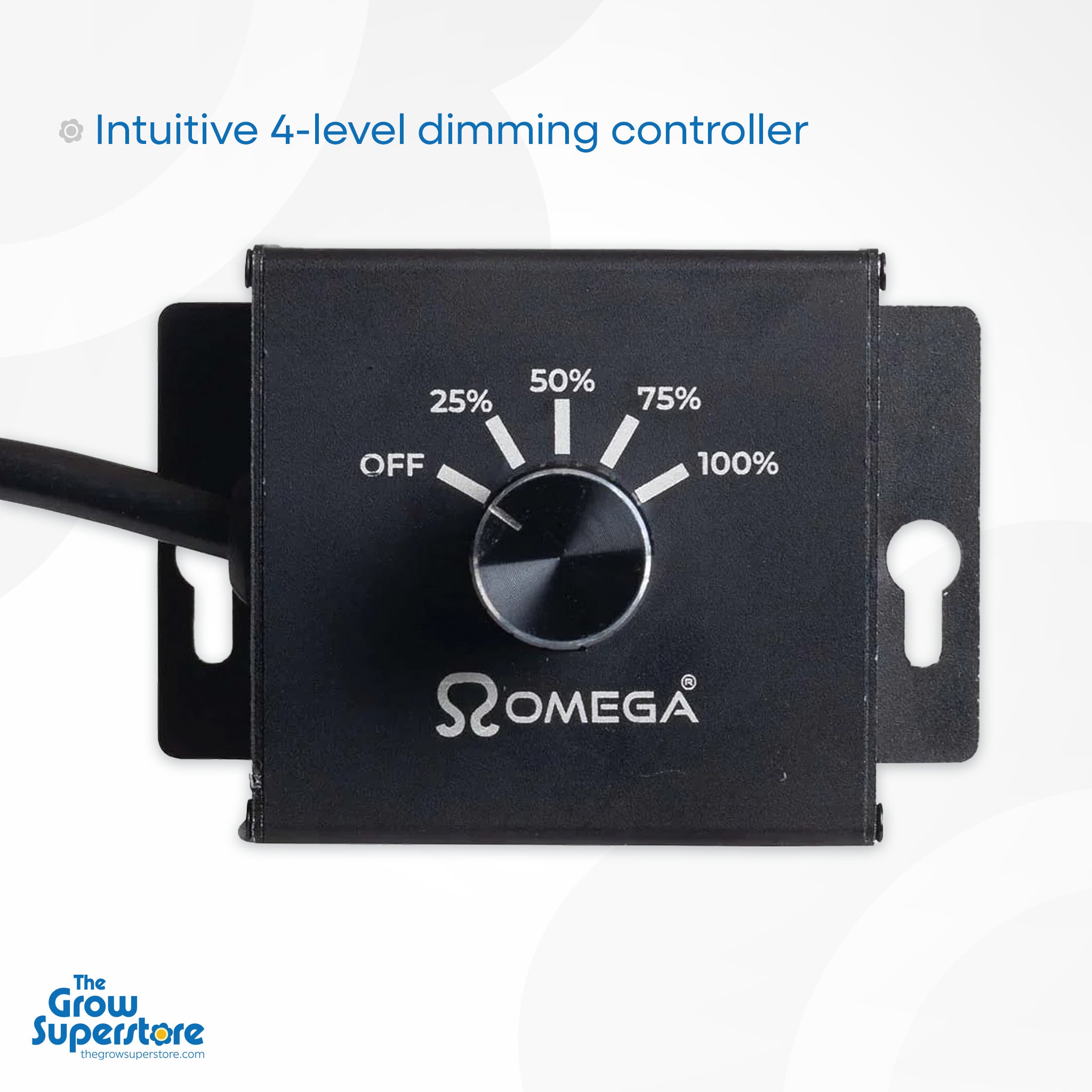 Intuitive 4-level dimming controller for Omega Infinity 1000W 3.0 Pro LED, providing manual brightness adjustments from 25% to 100%. Available at The Grow Superstore – thegrowsuperstore.com