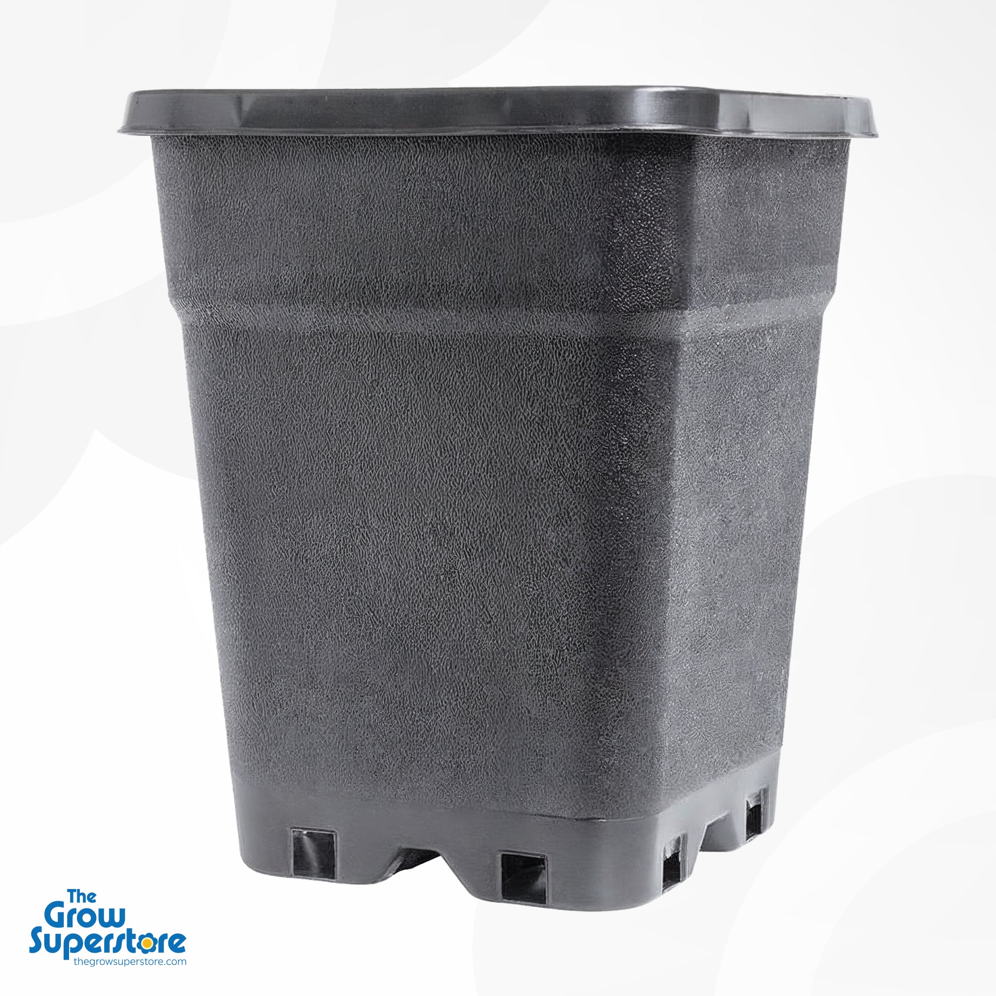 Black square plastic plant pot from PotKing, featuring a durable textured design with reinforced rim and elevated drainage holes for optimal aeration. The Grow Superstore logo is visible in the bottom left corner.