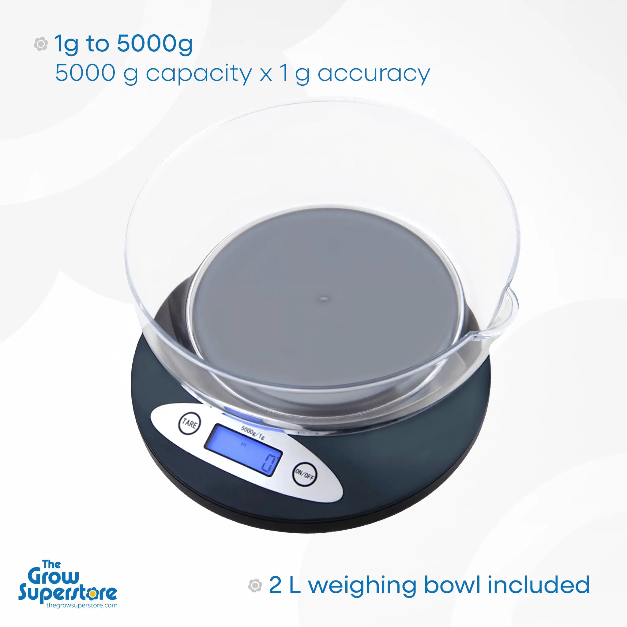 Digital kitchen and grow room scale with 5000g capacity and 1g precision, shown with included 2-litre transparent weighing bowl. Features a backlit LCD screen, tare function, and on/off button. Ideal for accurate measurement of nutrients, herbs, or ingredients. Precise Scale PS5000 from The Grow Superstore, suitable for hydroponics, baking, and home use.